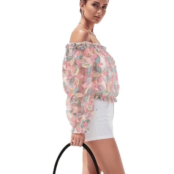 Summer Casual Chic Off Shoulder Mesh Top With Floral And A One-shoulder Long-sleeve Design 5
