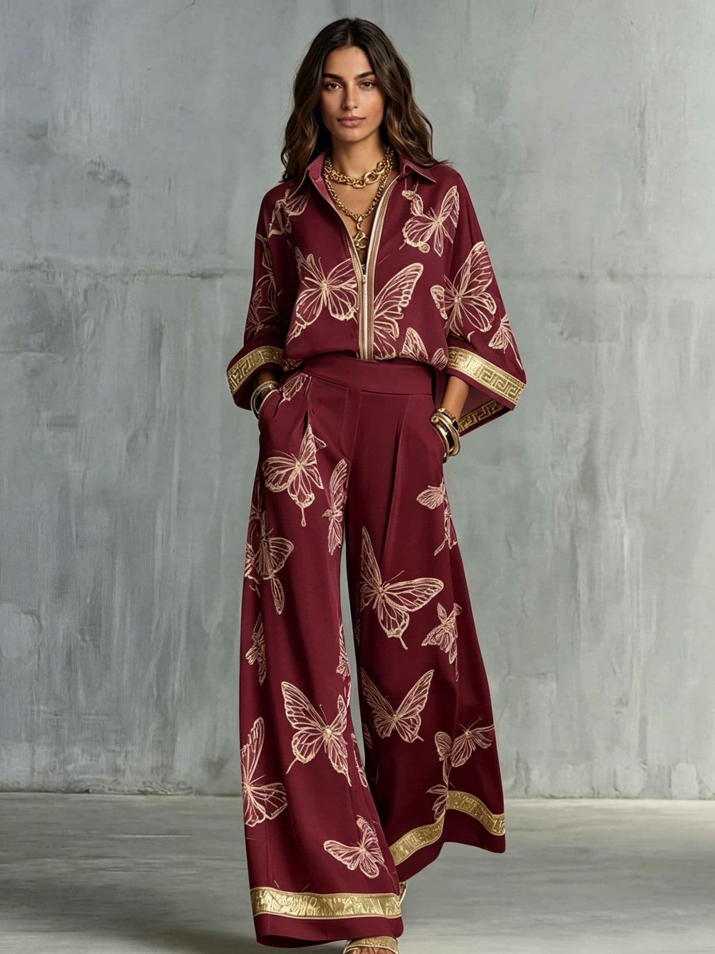 Womens Printed Loose-Fit Zip-Up Top And Wide-Leg Pants Two-Piece Set 9