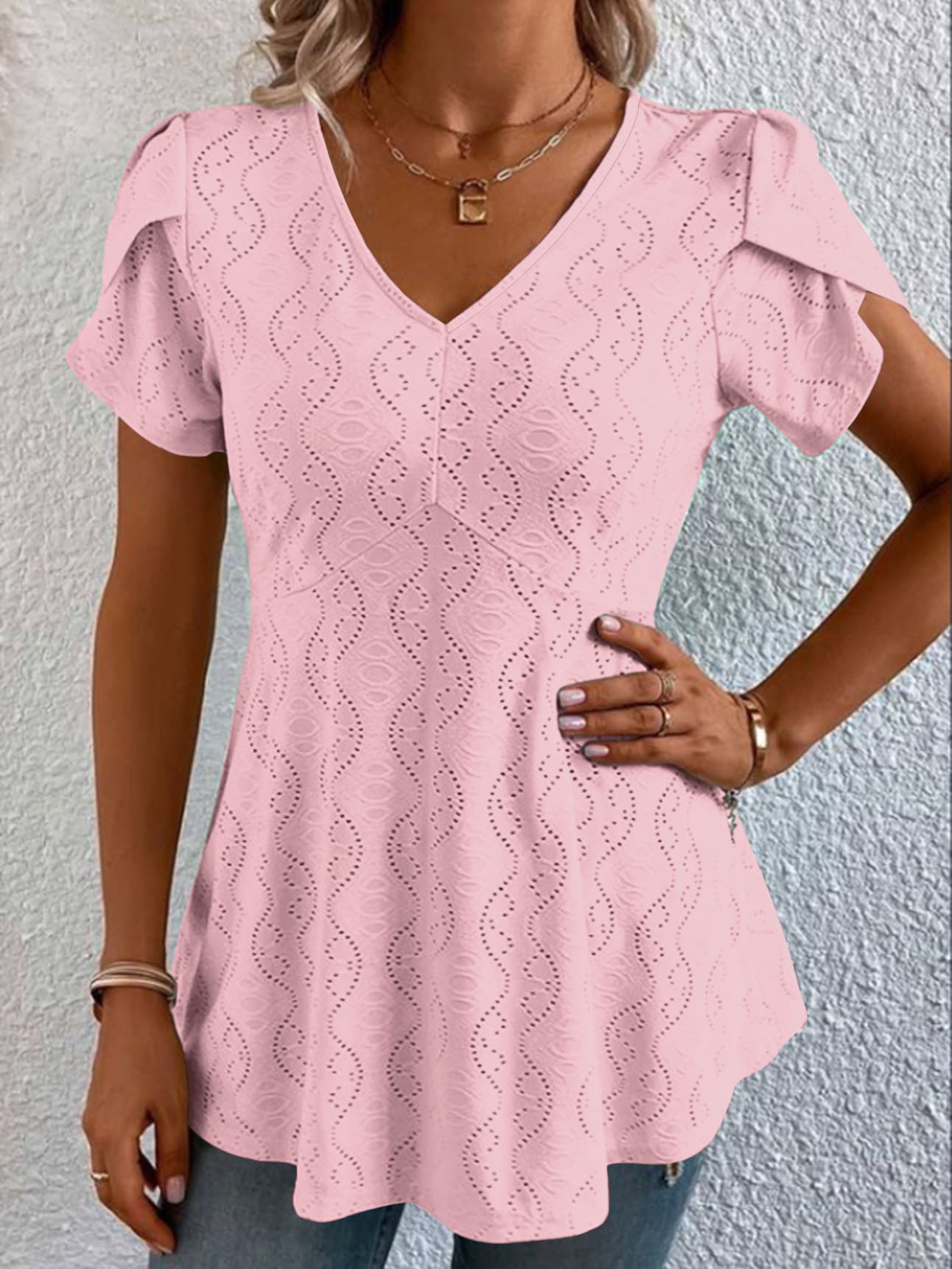 Solid-color V-neck Flutter-sleeve Casual