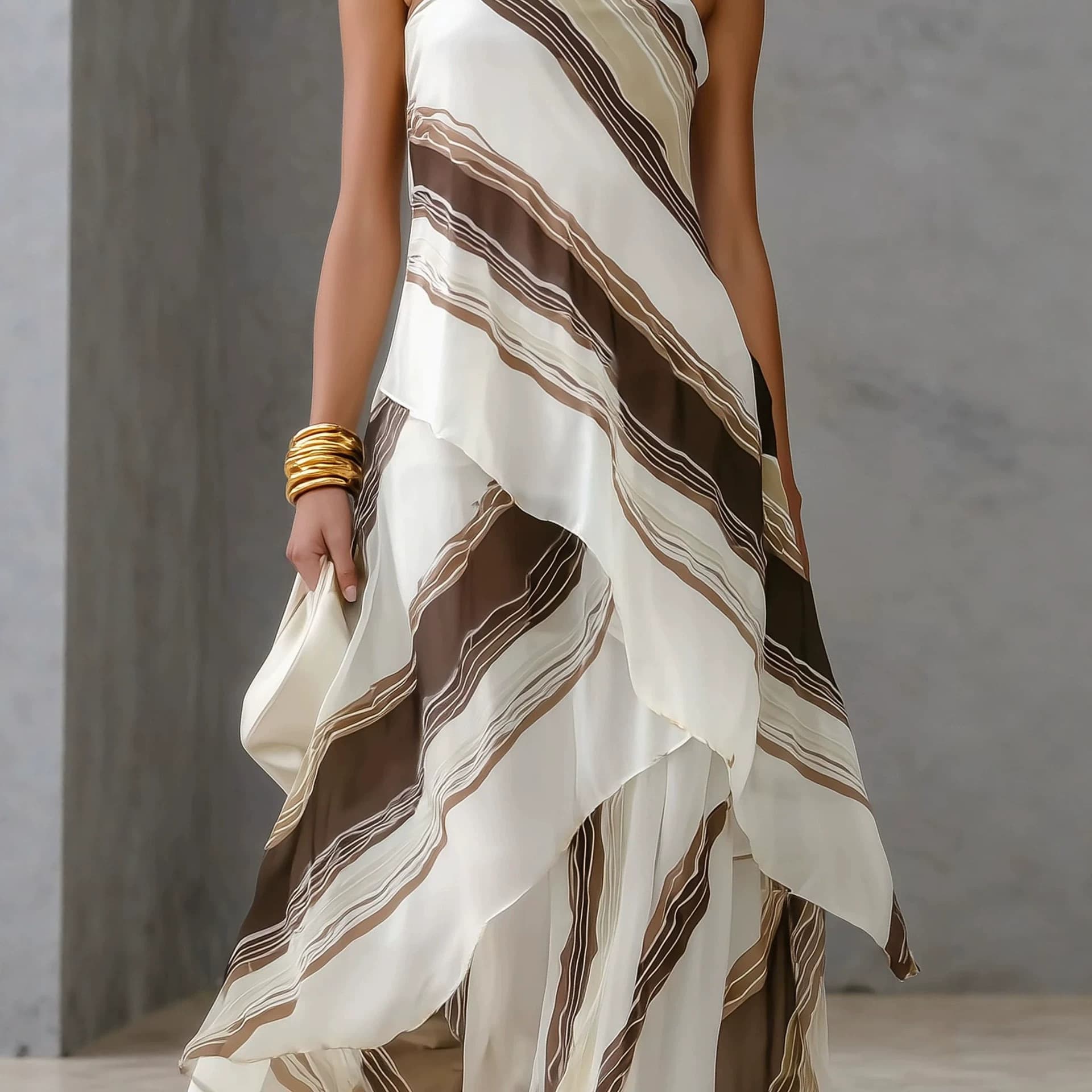 Womens Casual Striped Off-shoulder Sleeveless Dress