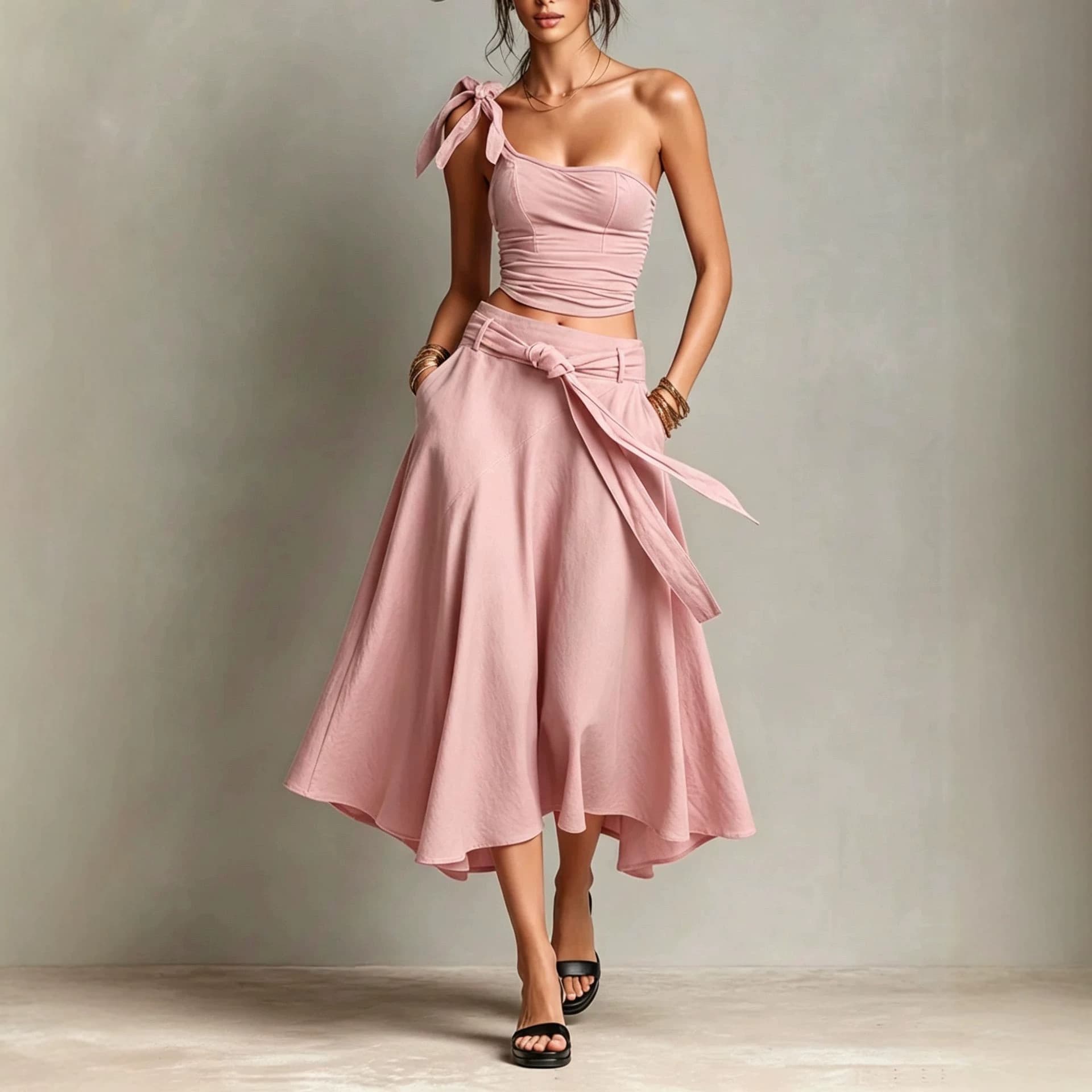 One-shoulder Strap Camisole And Skirt Set 9