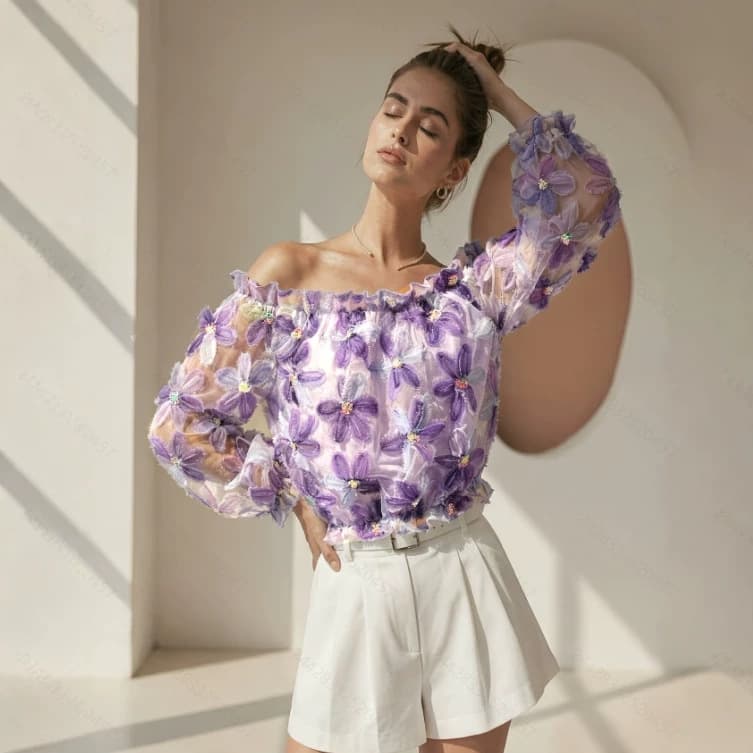 Summer Casual Chic Off Shoulder Mesh Top With Floral And A One-shoulder Long-sleeve Design
