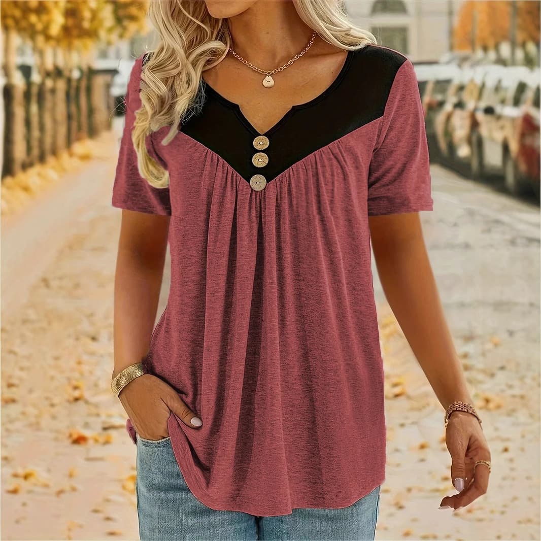 Womens Solid-color Short-sleeve Top With Button Detailing 3