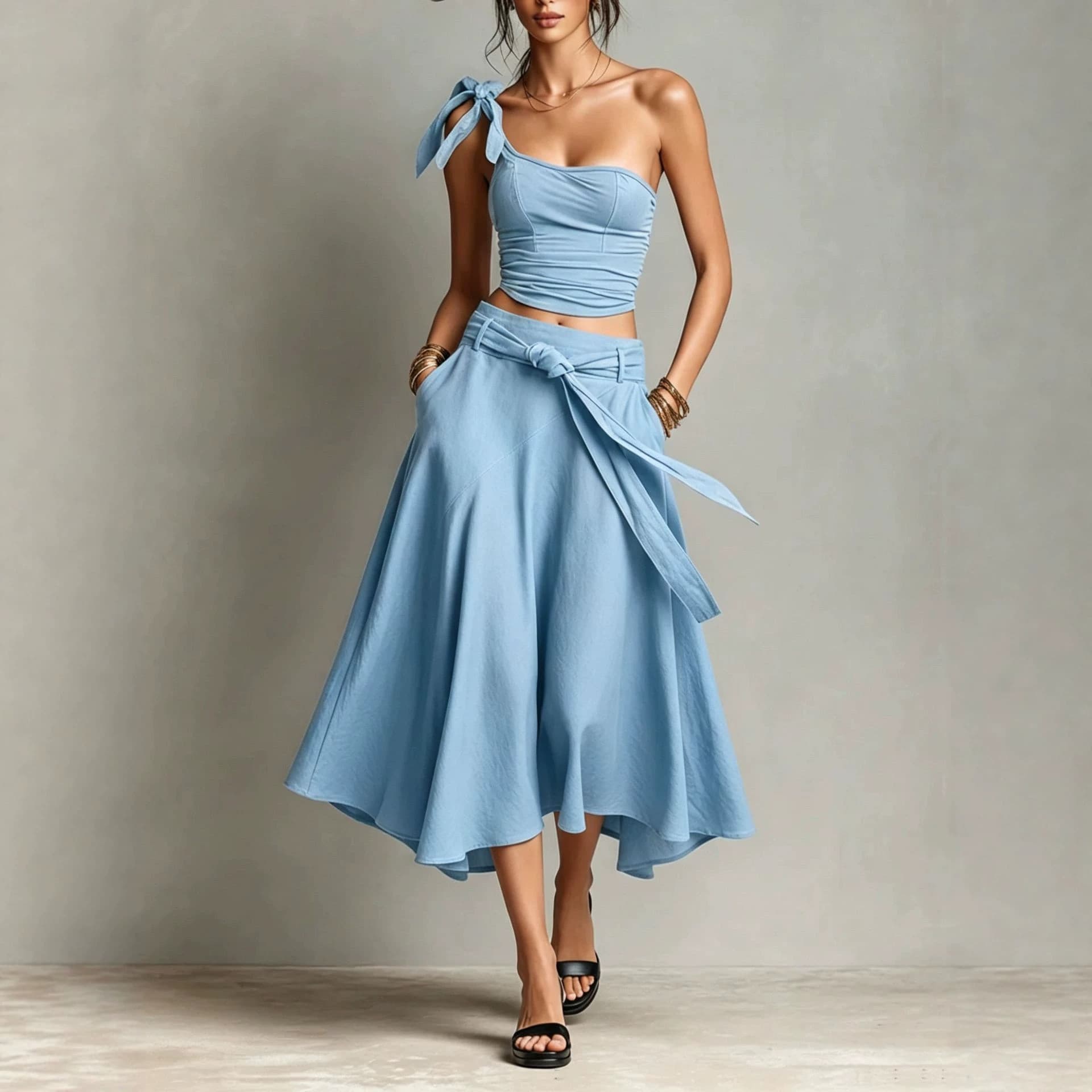 One-shoulder Strap Camisole And Skirt Set 4