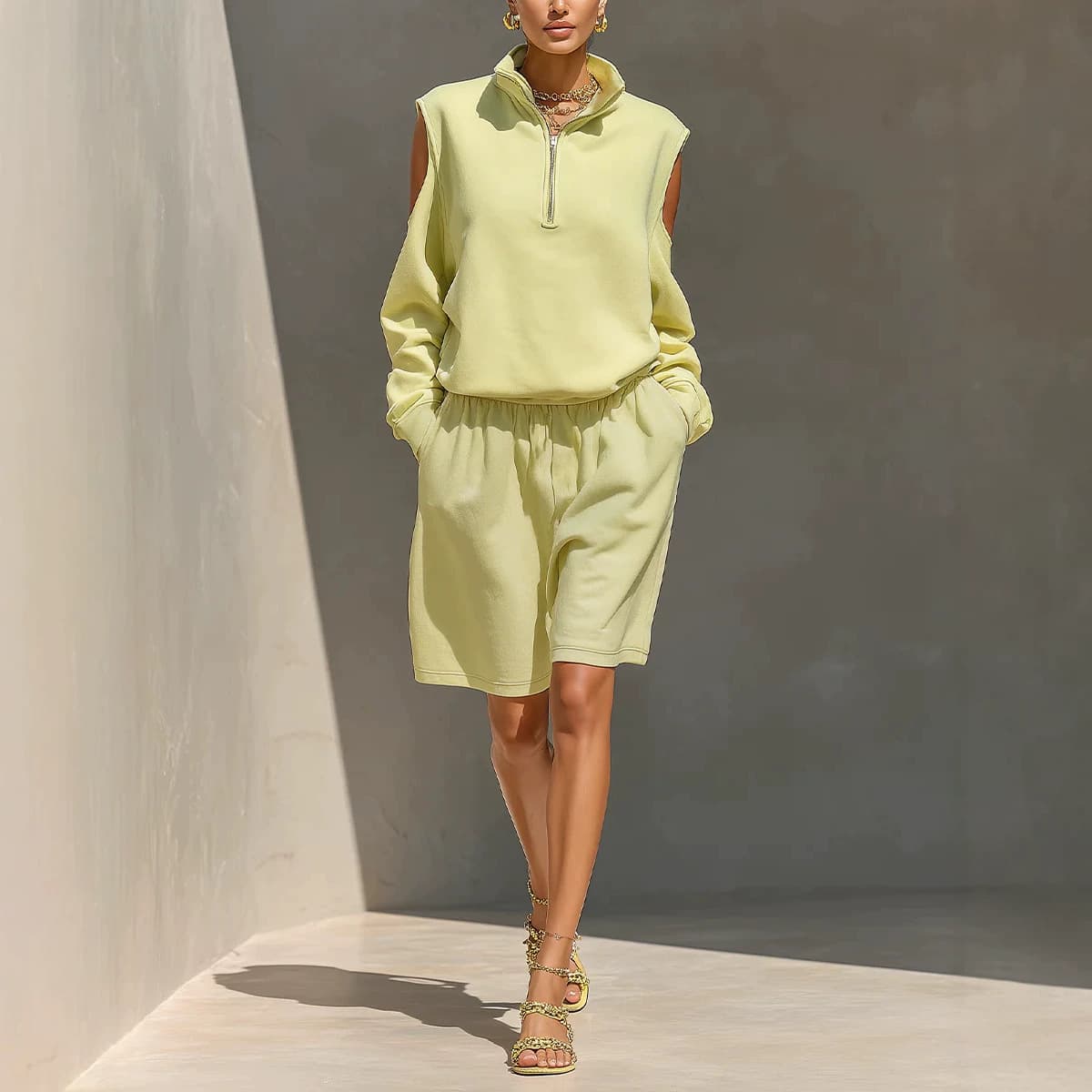 Half-zip Off-shoulder Sweatshirt And Relaxed-fit Shorts Set