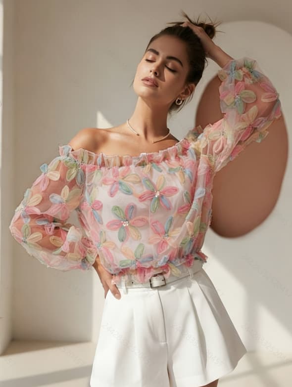 Summer Casual Chic Off Shoulder Mesh Top With Floral And A One-shoulder Long-sleeve Design 2
