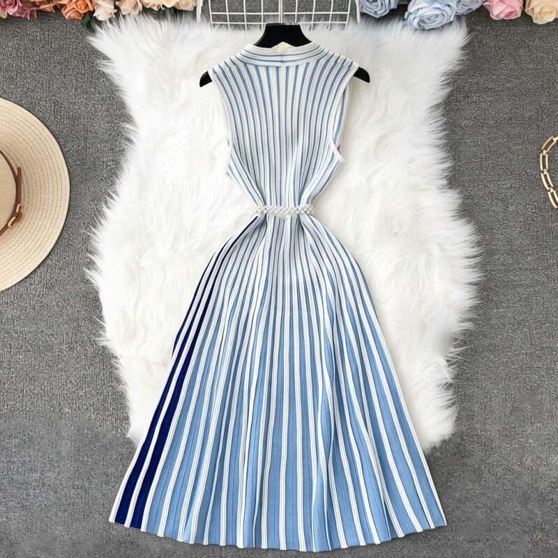 Womens Outfit Pearl-decorated Waist Belt With A Knitted Vest Dress