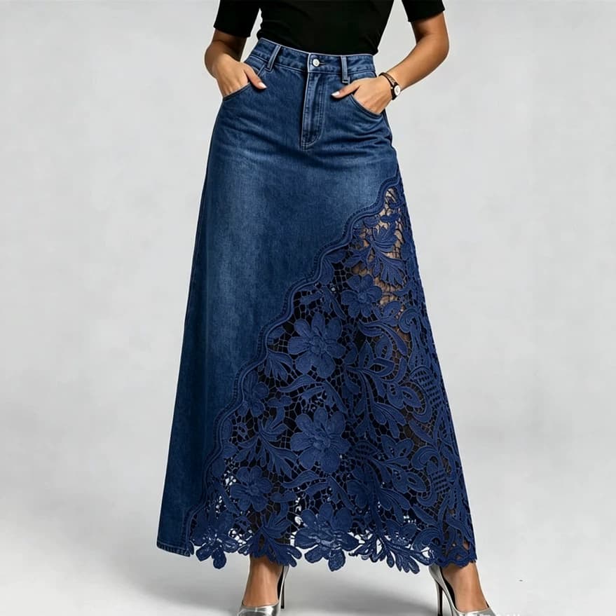 Washed Denim Lace-Panel Long Bodycon Skirt