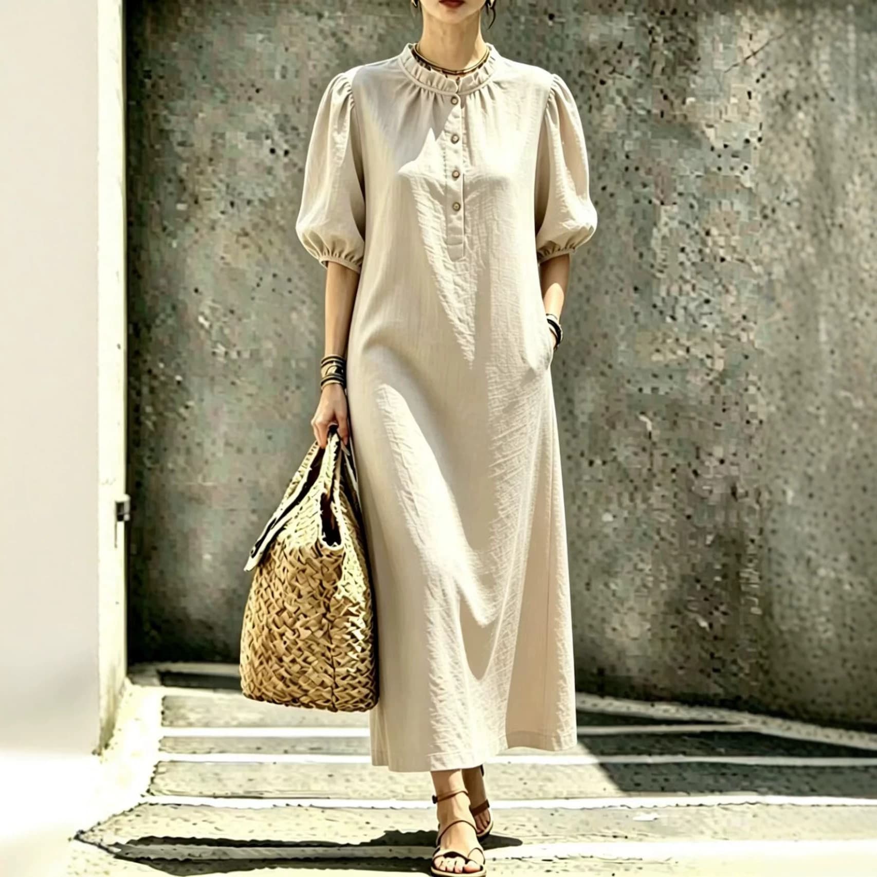 Womens Solid-color Stand-collar Puffed-sleeve Straight Dress