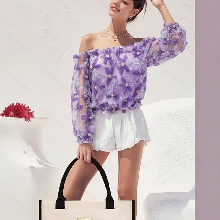 Summer Casual Chic Off Shoulder Mesh Top With Floral And A One-shoulder Long-sleeve Design 3