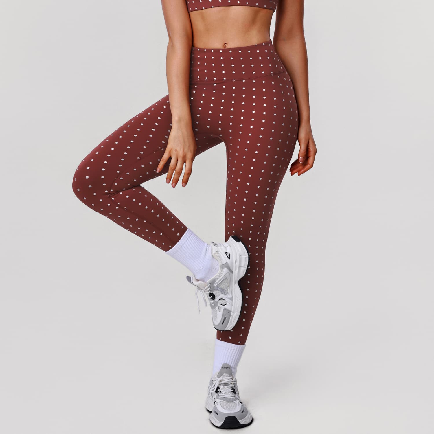 Womens High-Waisted Stretchy Silver-Hot-Stamped Polka-Dot Yoga Pants