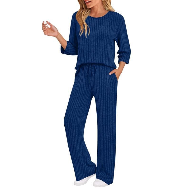 European And American-style Ribbed Striped Knit Casual Set