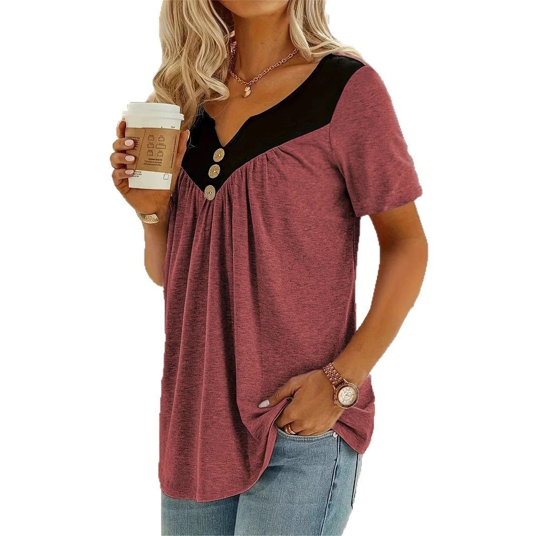 Womens Solid-color Short-sleeve Top With Button Detailing 8