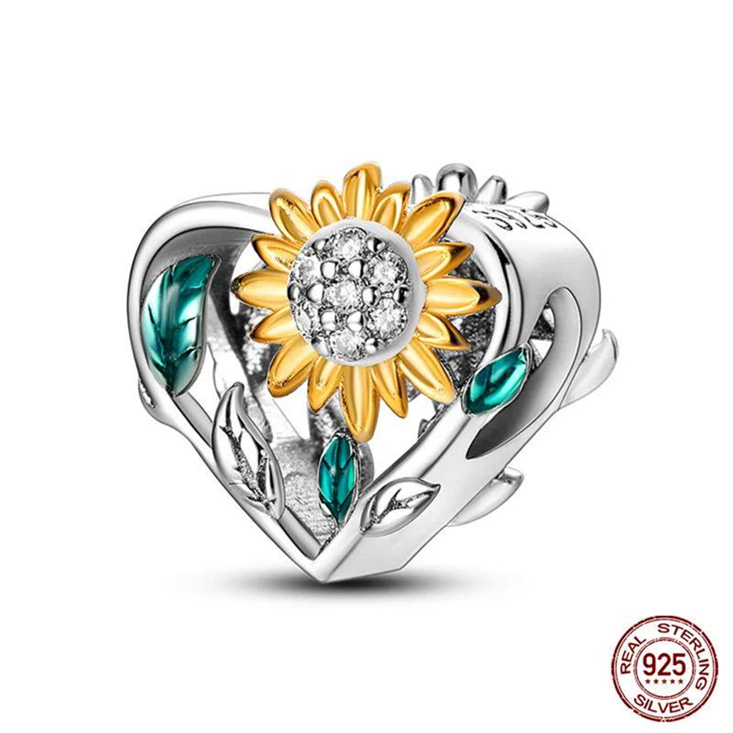 New 925 Sterling Silver Fashion Golden Sunflowers Heart