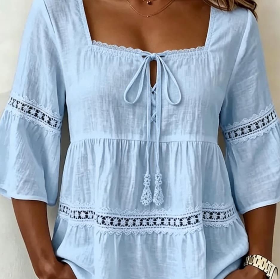 Womens Solid-Color Casual Square-Neck Lace-Trimmed Shirt