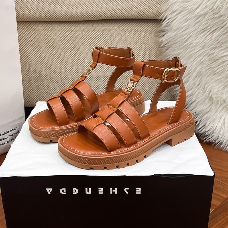 Summer Height-increasing Thick-soled Genuine Leather Retro Roman Flat Beach Sandals Flat Heel