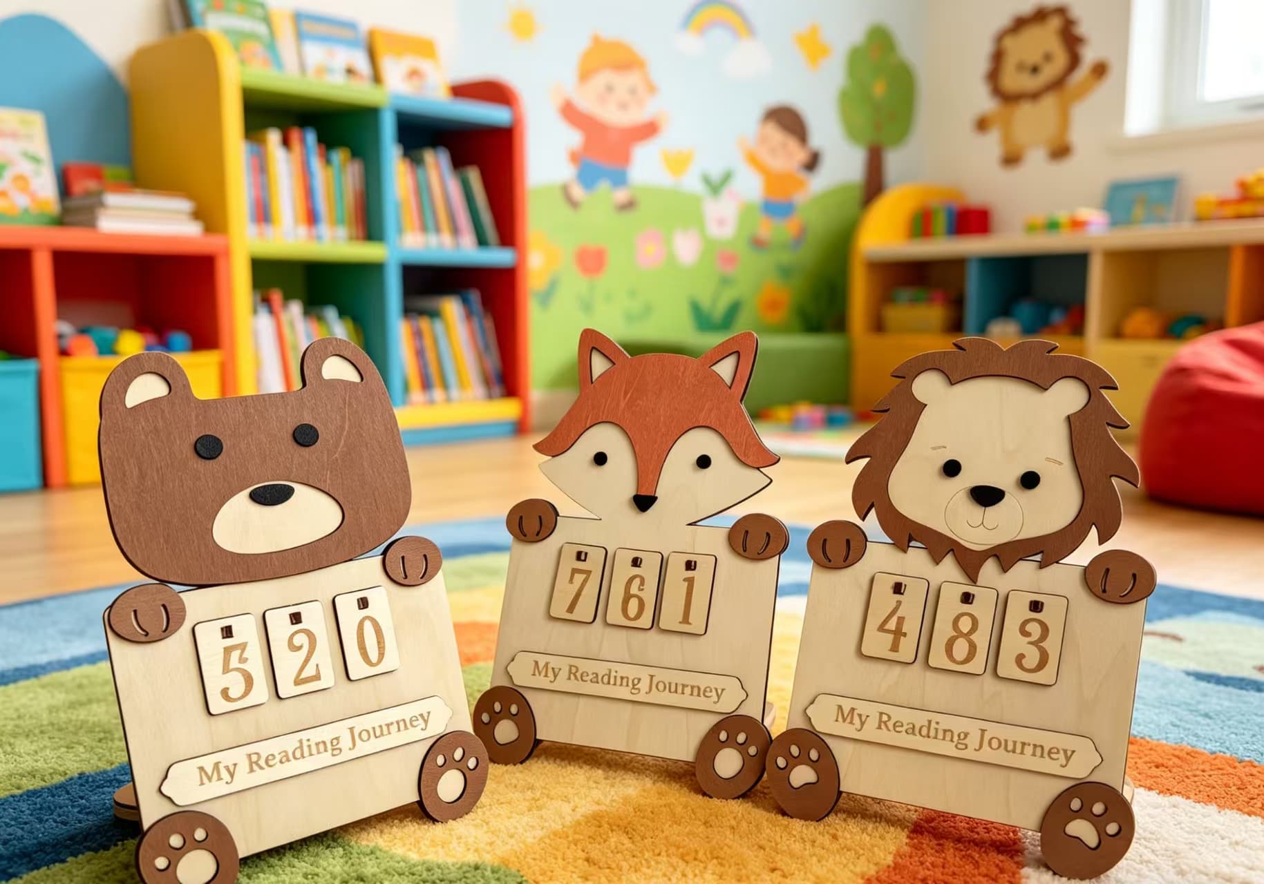 Wooden Animal Reading Tracker Calendar Bear Fox Lion Kids Reading Journey Counting Sign Nursery Decor 11