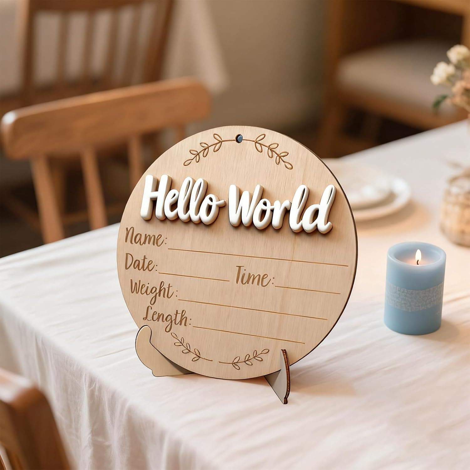 Wooden Hello World Birth Announcement Sign, Newborn Baby Footprint Milestone Photo Prop, Birth Info Name Date Weight Height Wooden Plaque 5
