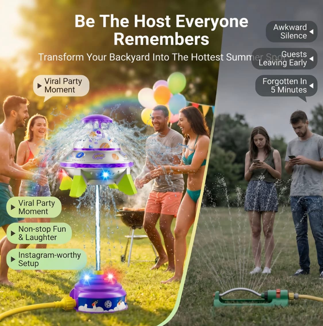Kids UFO Rocket Water Sprinkler, Flying Saucer Water Launcher With Colorful LED Flashing Lights & DIY Stickers, Outdoor Summer Water Toy For Yard & Garden 2