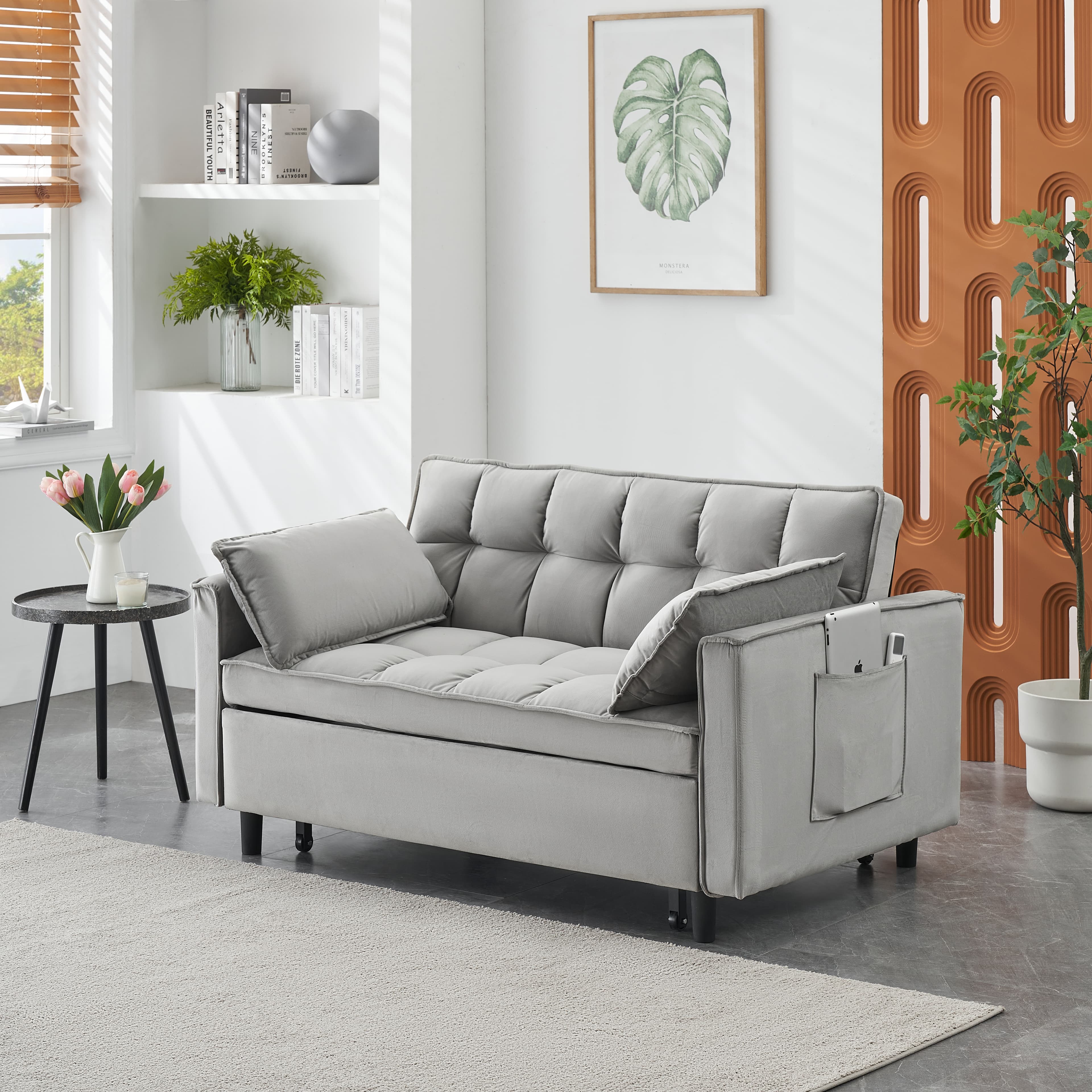 Modern Velvet Loveseat Futon Sofa Couch Pullout Bed, Small Love Seat Lounge Sofa W Reclining Backrest, Toss Pillows, Pockets, Furniture For Living Room,3 In 1 Convertible Sleeper Sofa Bed, Gra 3