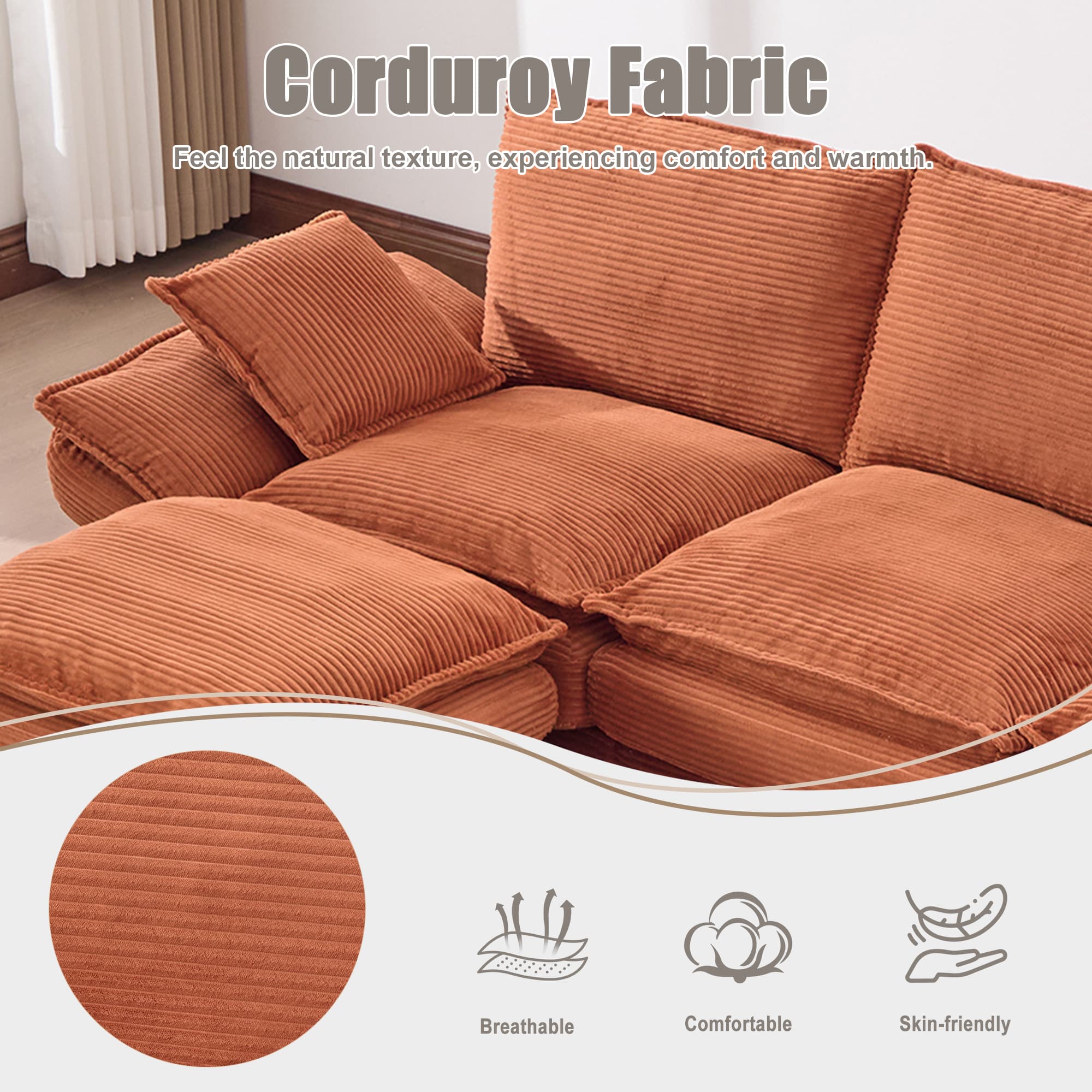 Sectional Cloud Modular Sofa,Deep Seat Sofa, Corduroy Sofa,Comfy Upholstered Furniture For Living Room, Apartment, Studio, Office,Having Multiple Combinations 2