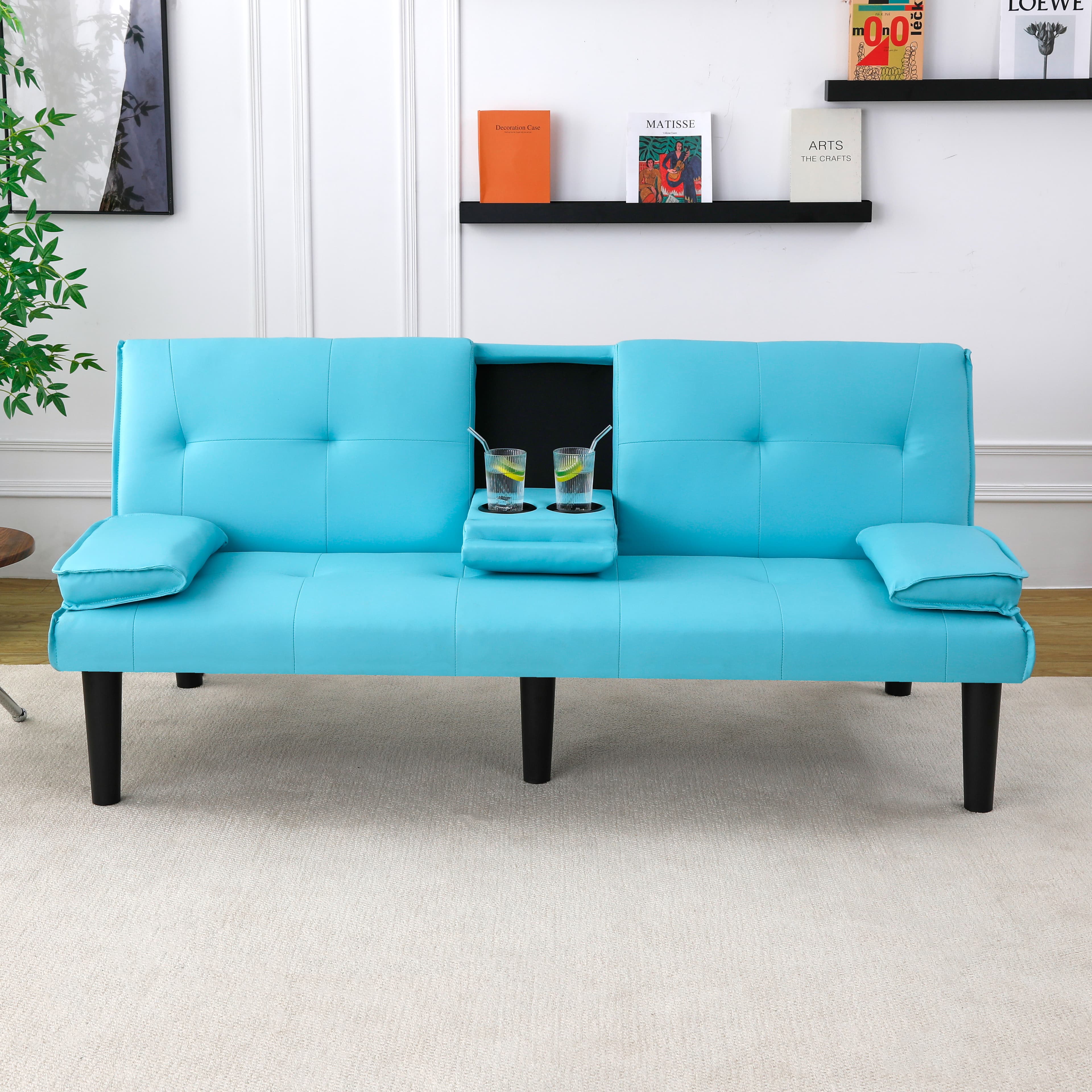 The 67-inch Blue PVC Multi-functional Sofa Bed, With A Foldable And Cup Holder Design, Makes It Extremely Convenient To Turn The Living Room Into A Guest Room 2