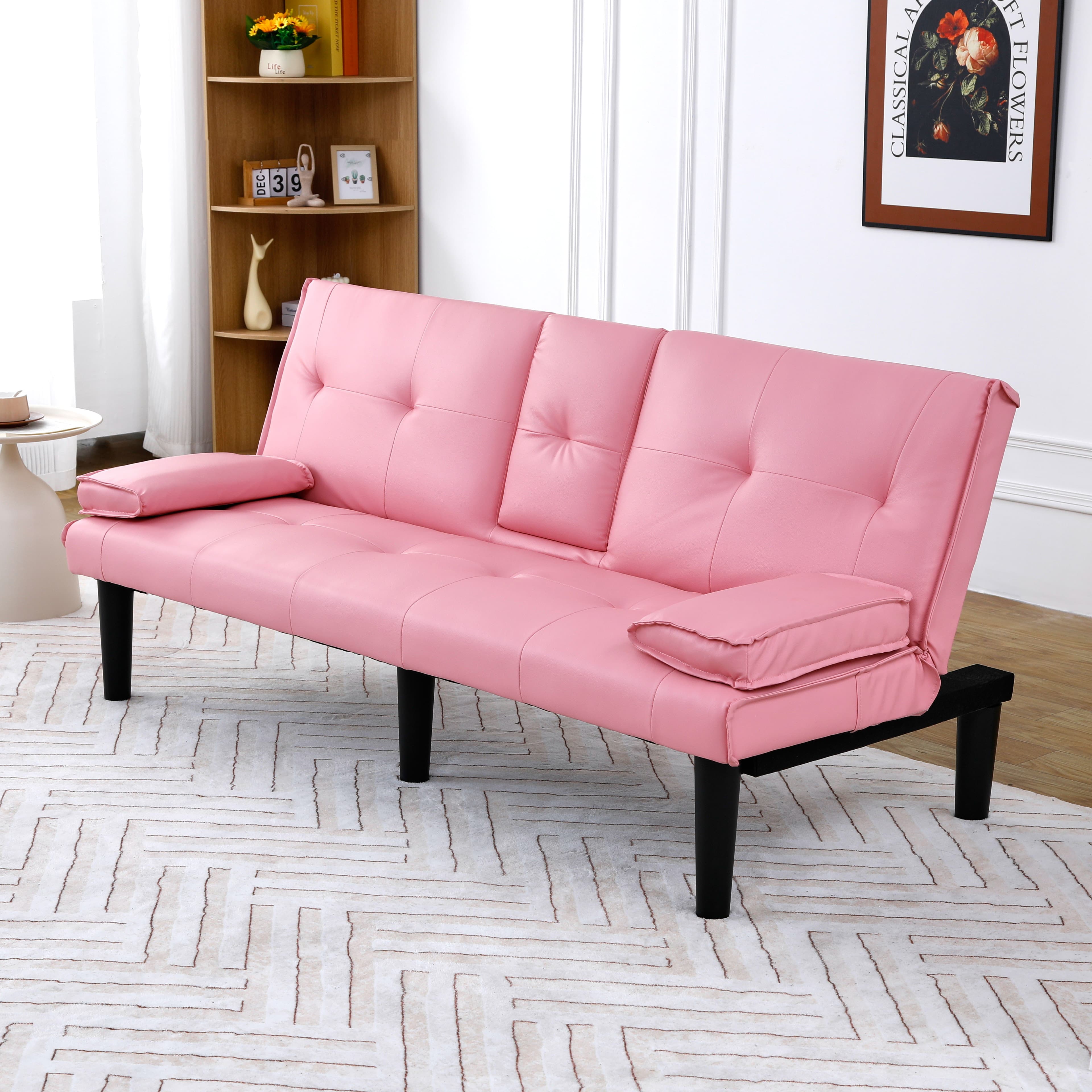 The 67-inch Pink PVC Multi-functional Sofa Bed, With A Foldable And Cup Holder Design, Makes It Extremely Convenient To Turn The Living Room Into A Guest Room 2