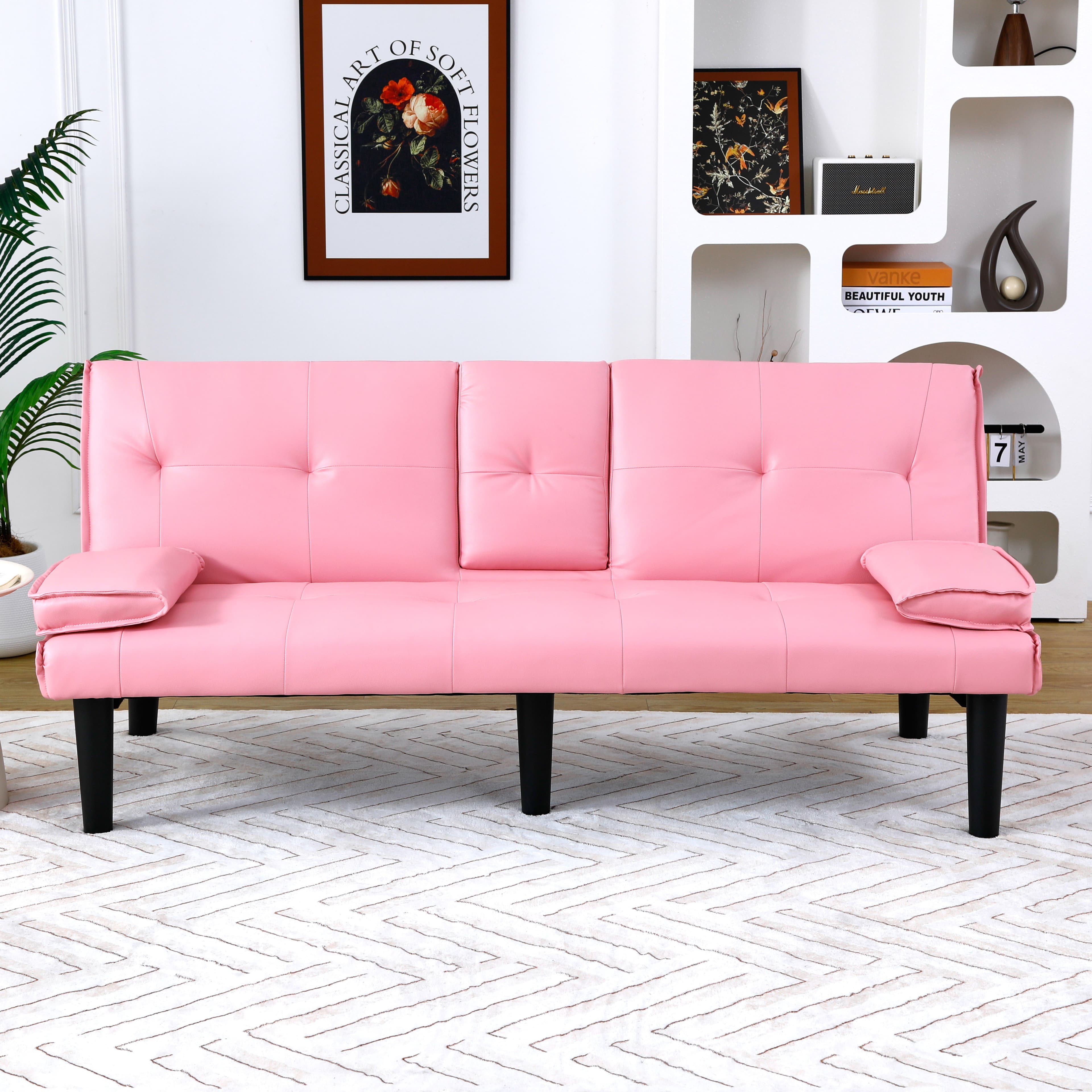 The 67-inch Pink PVC Multi-functional Sofa Bed, With A Foldable And Cup Holder Design, Makes It Extremely Convenient To Turn The Living Room Into A Guest Room 3
