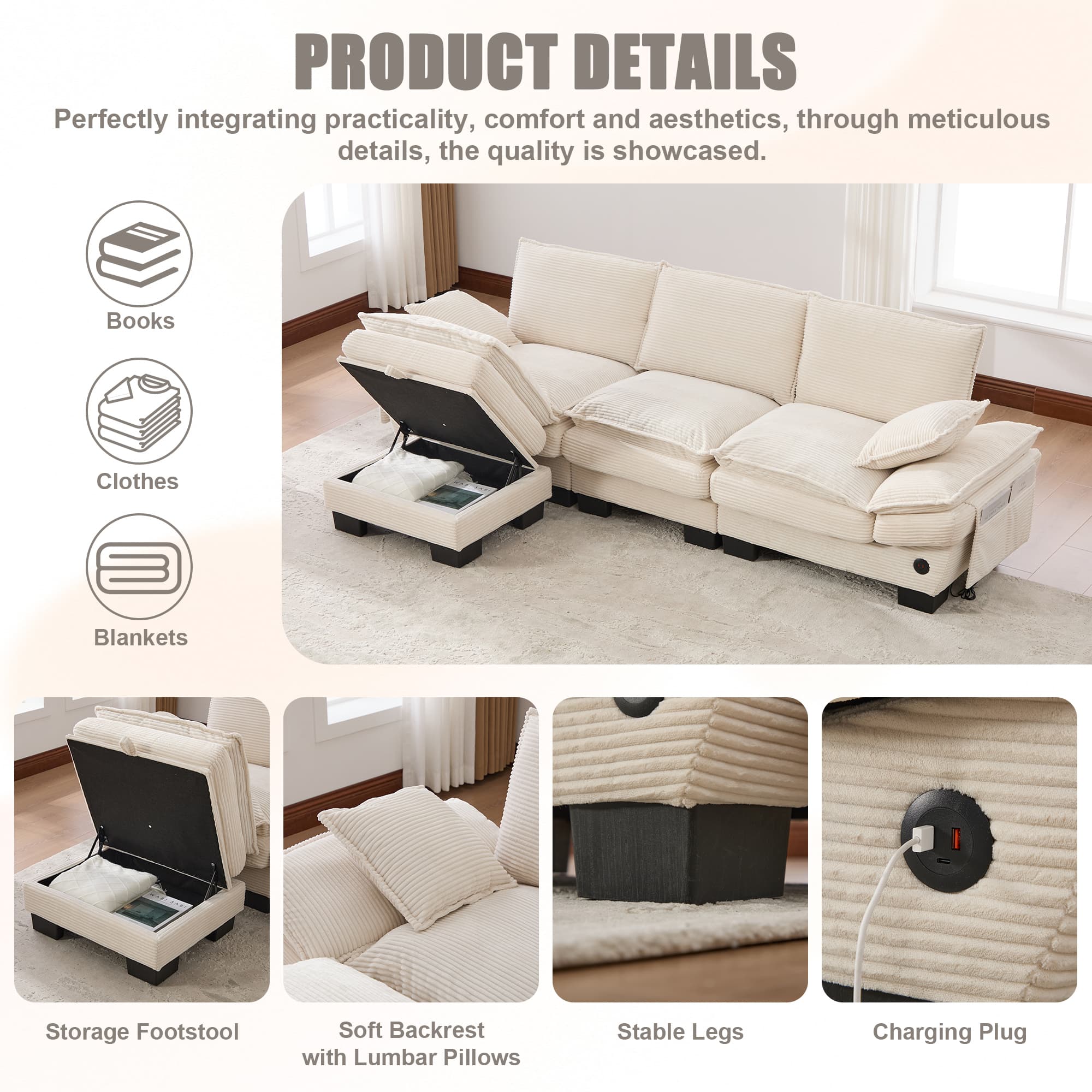 Sectional Cloud Modular Sofa,Deep Seat Sofa, Corduroy Sofa,Comfy Upholstered Furniture For Living Room, Apartment, Studio, Office,Having Multiple Combinations 4