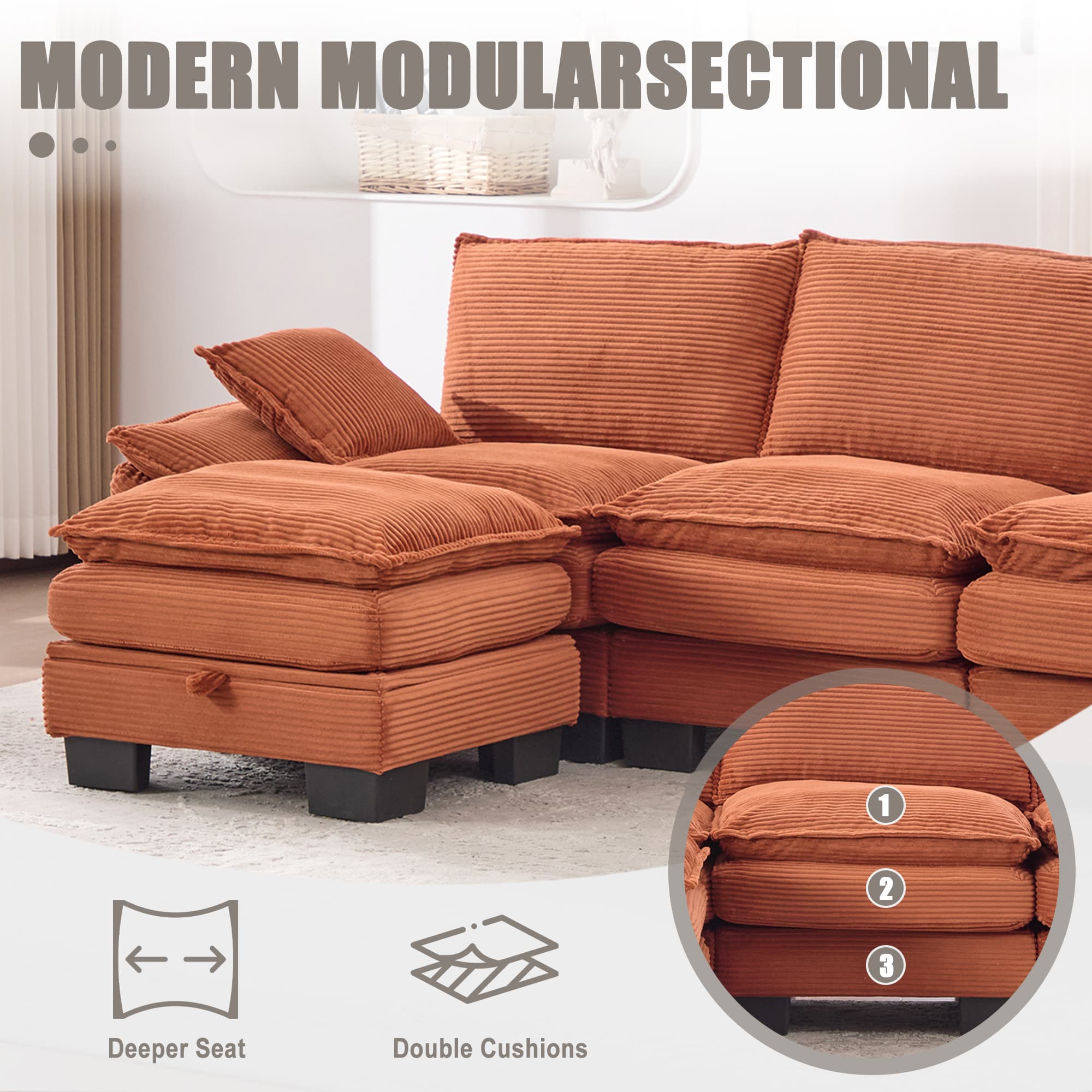 Sectional Cloud Modular Sofa,Deep Seat Sofa, Corduroy Sofa,Comfy Upholstered Furniture For Living Room, Apartment, Studio, Office,Having Multiple Combinations 4