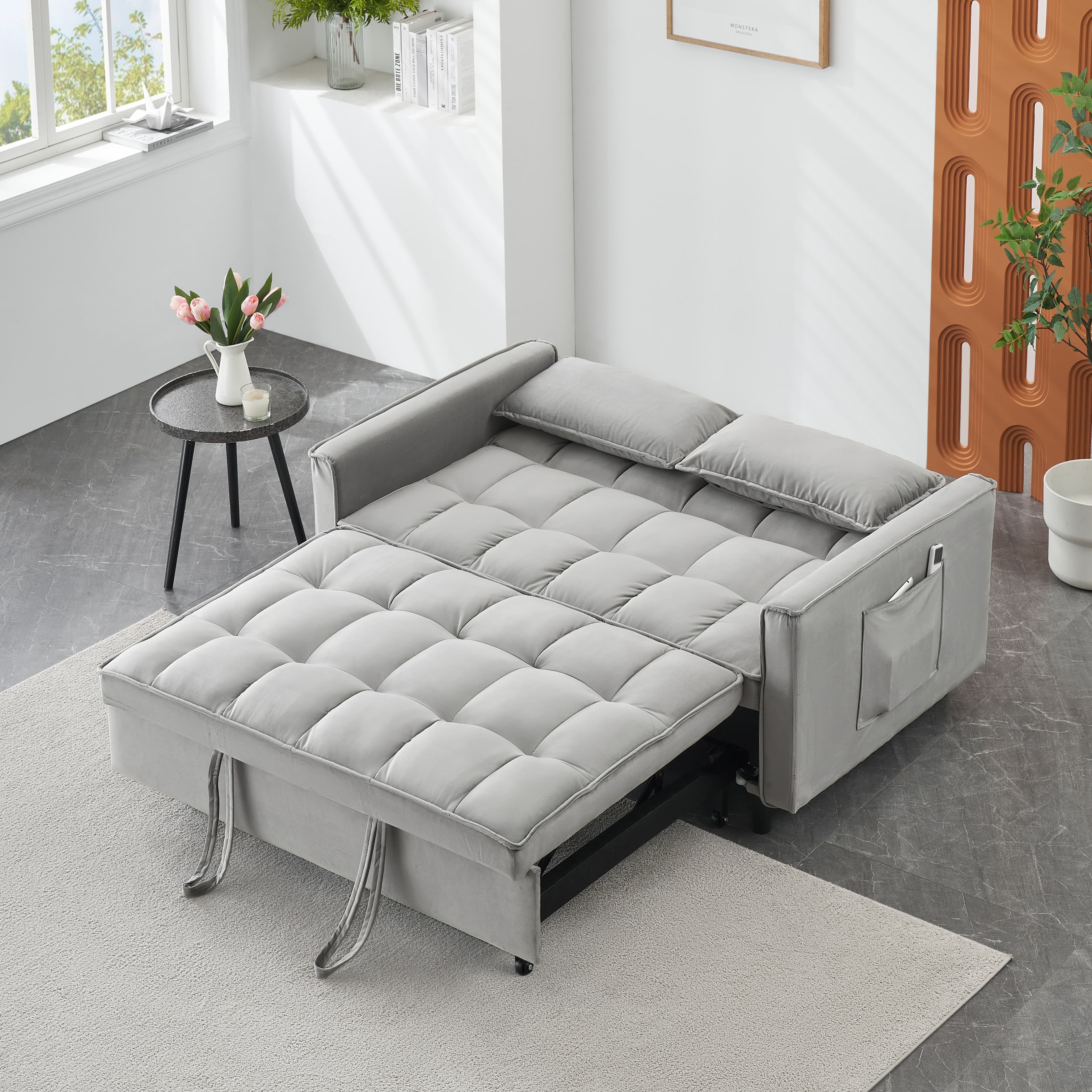 Modern Velvet Loveseat Futon Sofa Couch Pullout Bed, Small Love Seat Lounge Sofa W Reclining Backrest, Toss Pillows, Pockets, Furniture For Living Room,3 In 1 Convertible Sleeper Sofa Bed, Gra 2