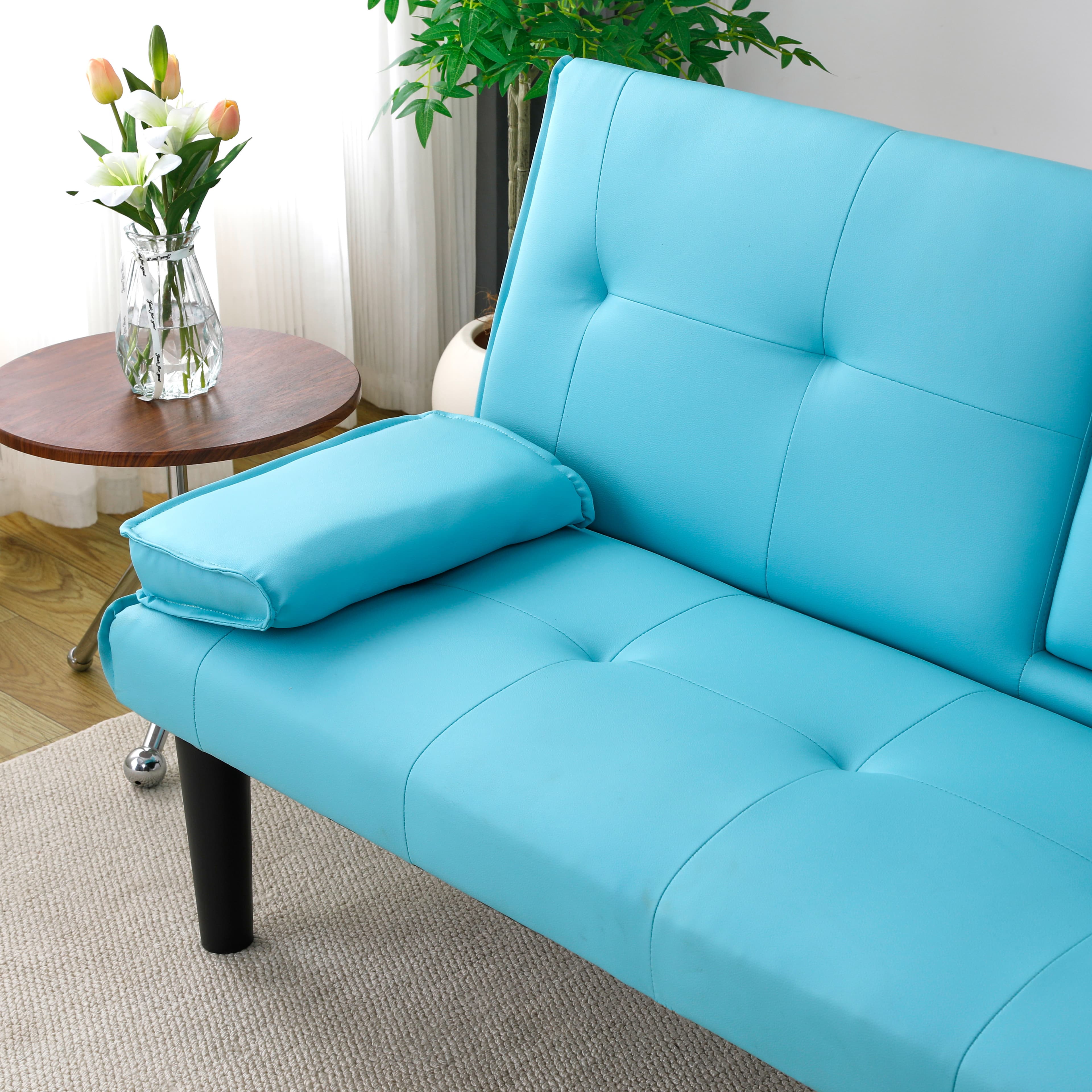 The 67-inch Blue PVC Multi-functional Sofa Bed, With A Foldable And Cup Holder Design, Makes It Extremely Convenient To Turn The Living Room Into A Guest Room 5