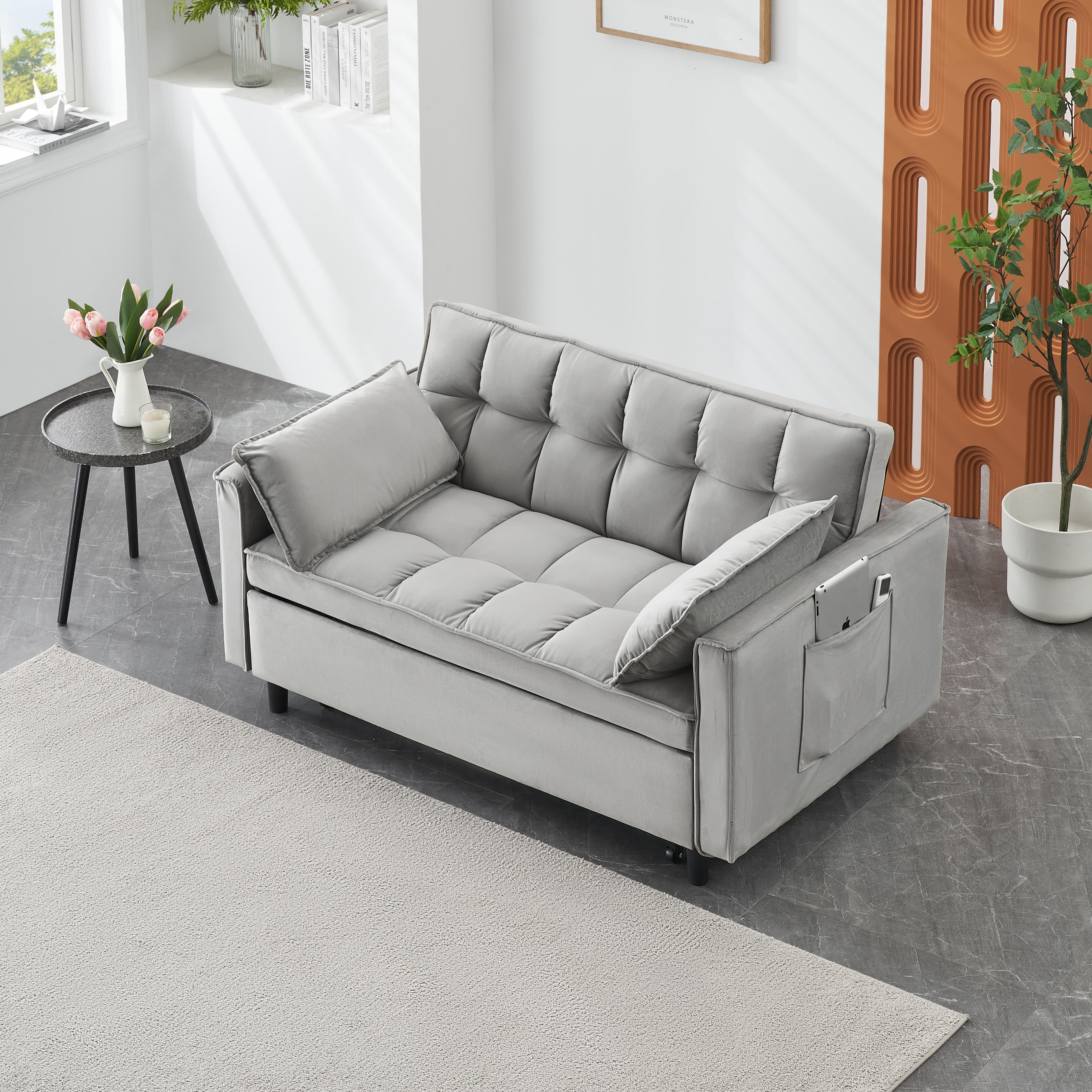 Modern Velvet Loveseat Futon Sofa Couch Pullout Bed, Small Love Seat Lounge Sofa W Reclining Backrest, Toss Pillows, Pockets, Furniture For Living Room,3 In 1 Convertible Sleeper Sofa Bed, Gra 5