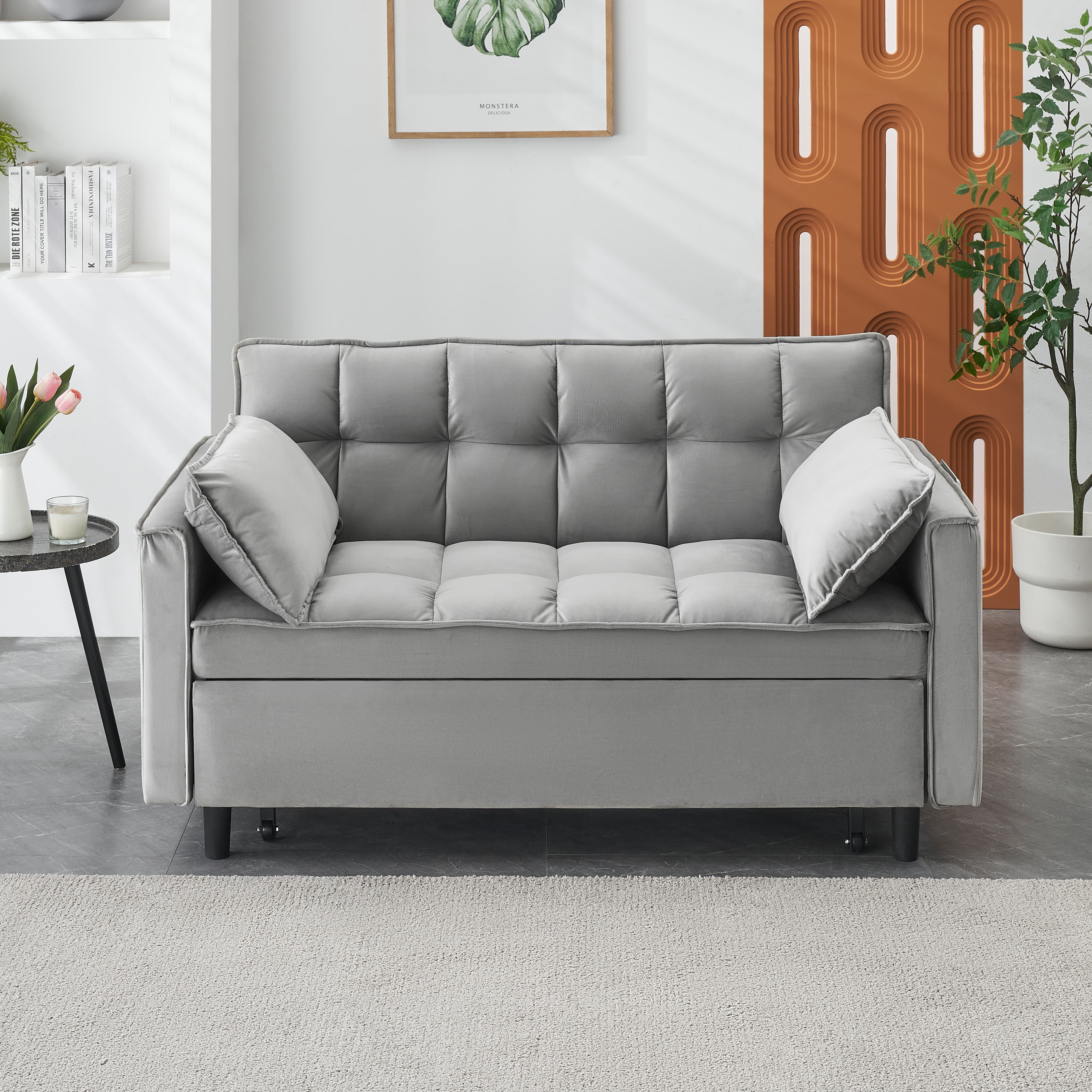Modern Velvet Loveseat Futon Sofa Couch Pullout Bed, Small Love Seat Lounge Sofa W Reclining Backrest, Toss Pillows, Pockets, Furniture For Living Room,3 In 1 Convertible Sleeper Sofa Bed, Gra 4