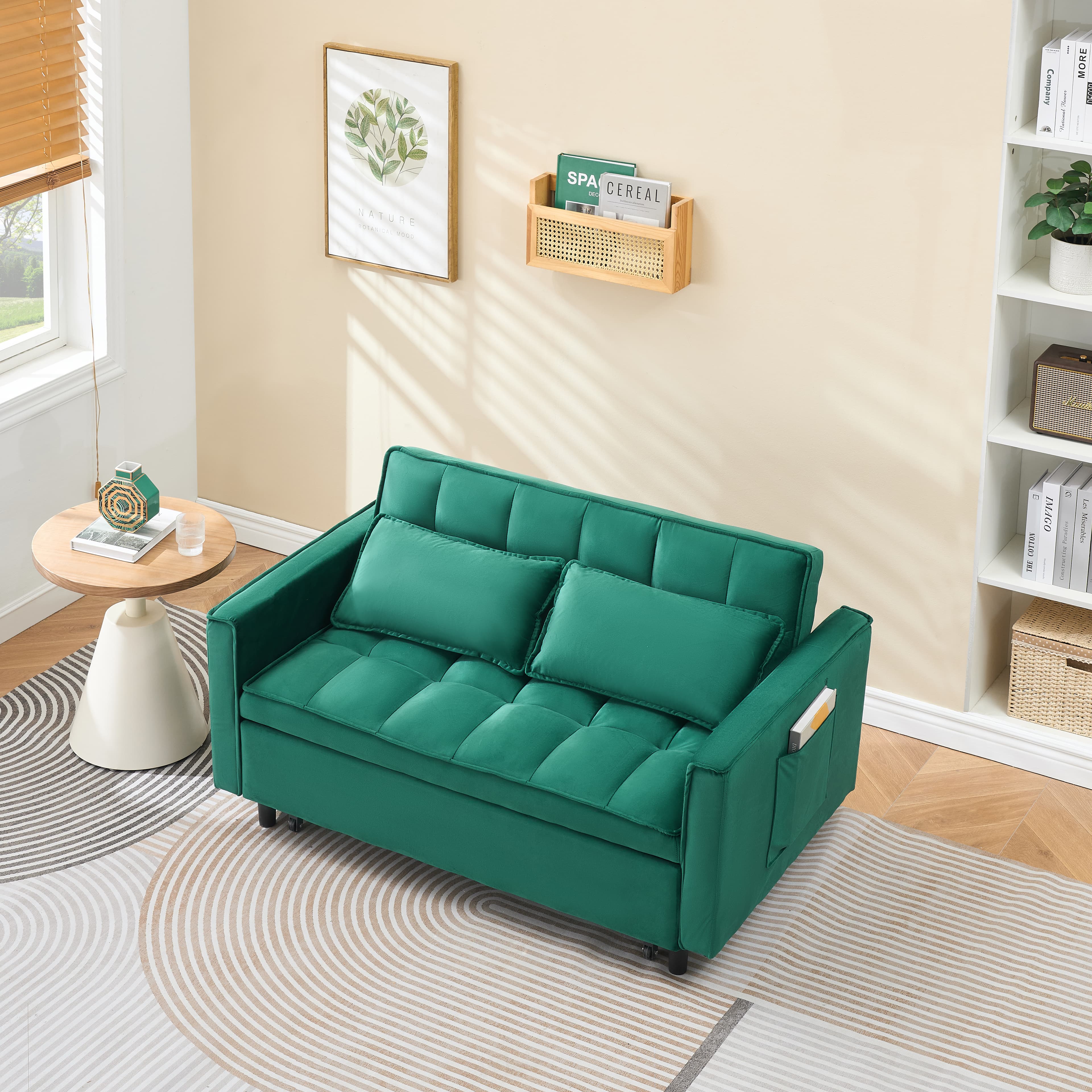 55 Green Velvet Sofa, Elegant With Convenient Pockets, Clever Interpretation Of The Three-in-one Conversion Art 5