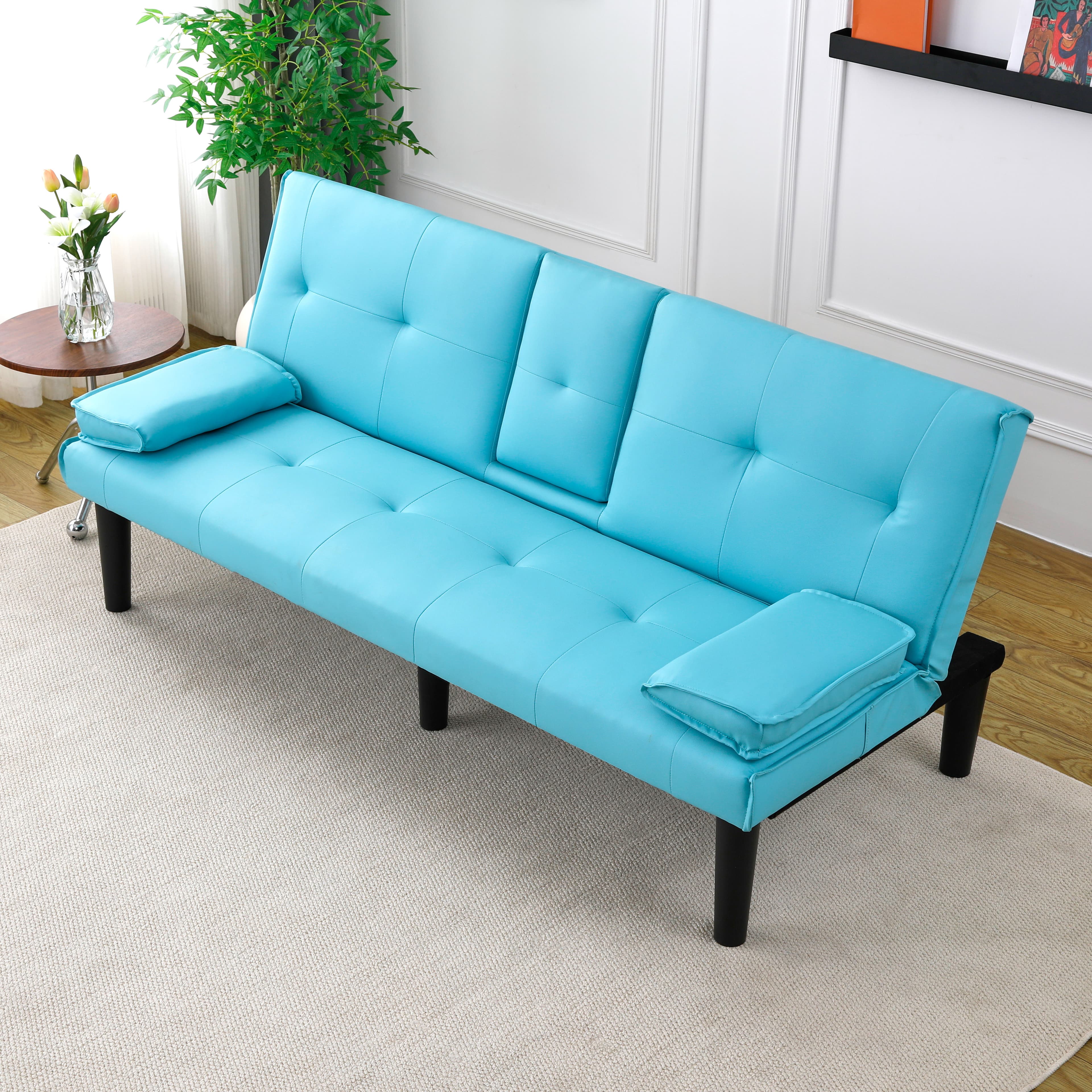 The 67-inch Blue PVC Multi-functional Sofa Bed, With A Foldable And Cup Holder Design, Makes It Extremely Convenient To Turn The Living Room Into A Guest Room 4