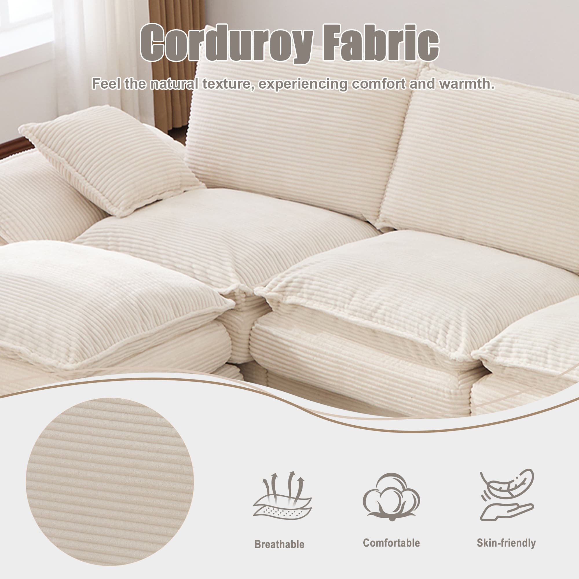Sectional Cloud Modular Sofa,Deep Seat Sofa, Corduroy Sofa,Comfy Upholstered Furniture For Living Room, Apartment, Studio, Office,Having Multiple Combinations 3