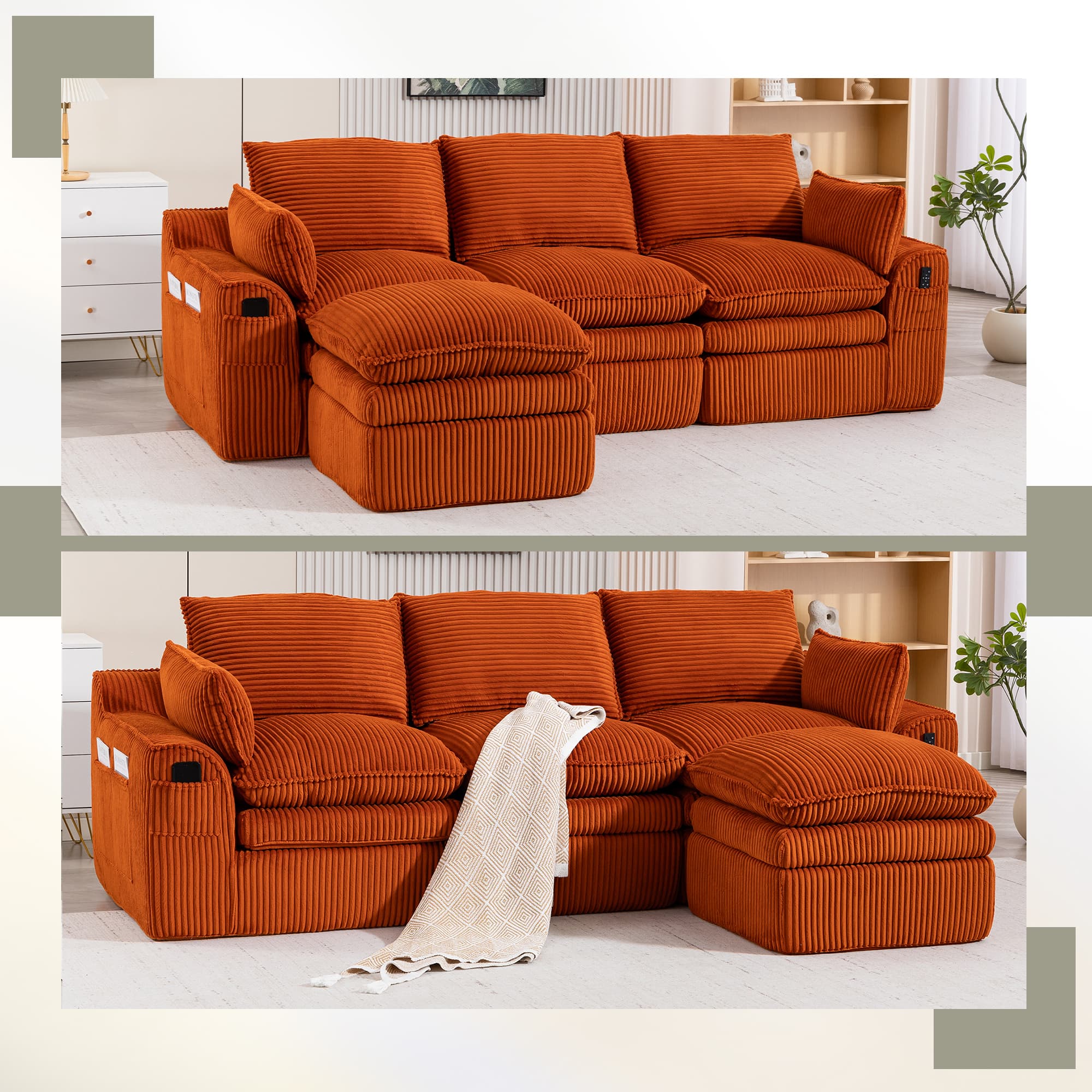 L Shaped Compressed Modular Sectional Sofa Modern Corduroy Upholstered Boneless Couches With Movable Footstool,With Three Pillows And Two Lumbar Pillows,Detachable Cloud Seat Cushions 2