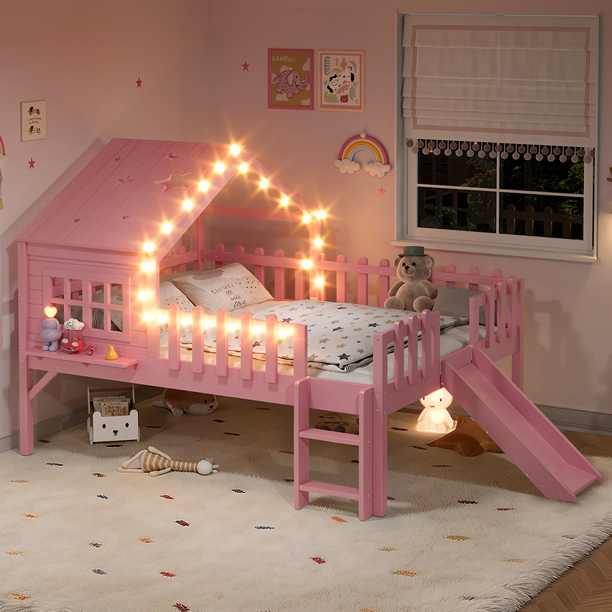 Full Size House Loft Bed With Slide,Playhouse Bed With Star-shaped Designs And Window, Chic Design With LED Lights,No Box Spring Needed,Pink 4