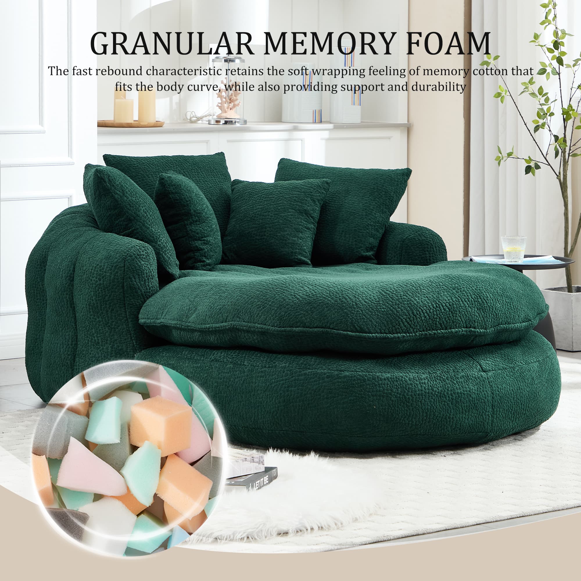 Oversized Oval Upholstered Bean Bag Sofa, Lazy Sofa With 3 Large Pillows And 2 Small Pillows, Wrap Around Backrest For Adults, Chenille Fabric Lazy Floor Bean Bag Sofa 5