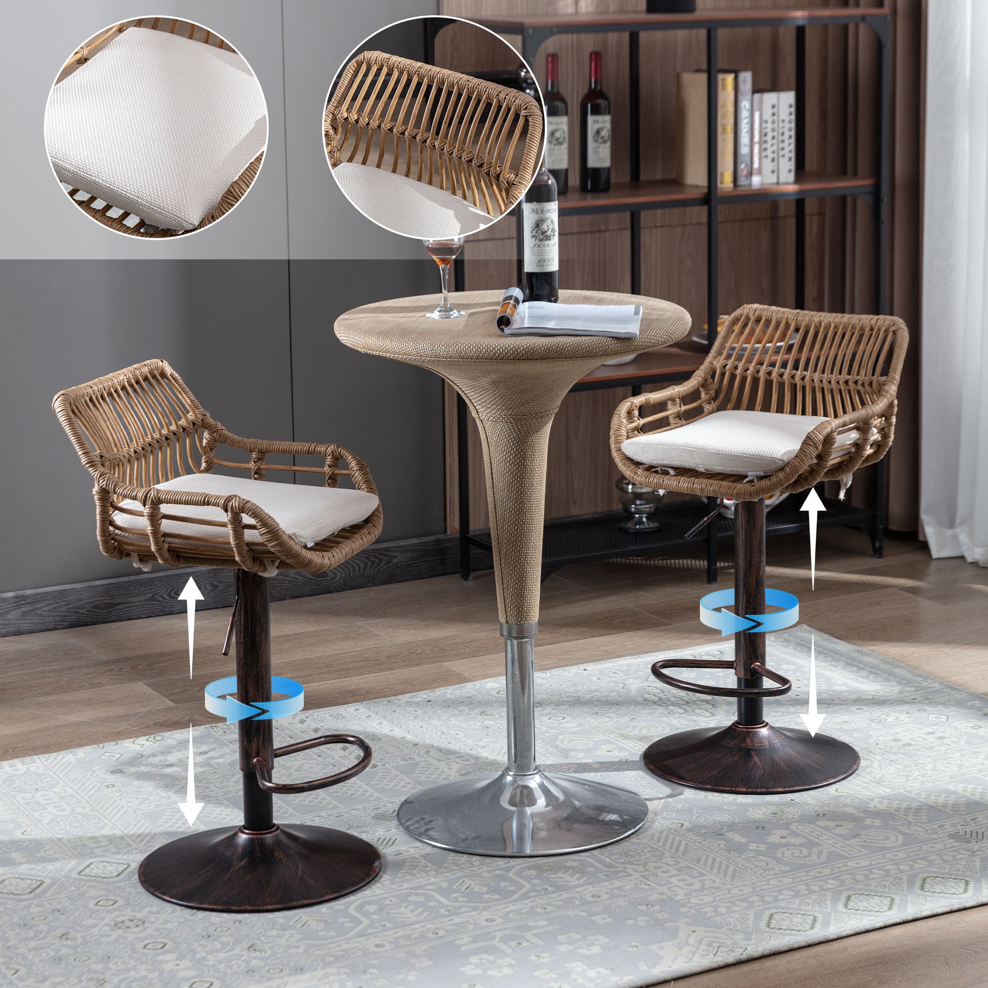 Modern Swivel Bar Stools Set Of 2 Adjustable Counter Height Chairs With Footrest For Kitchen, Dining Room Beige 4