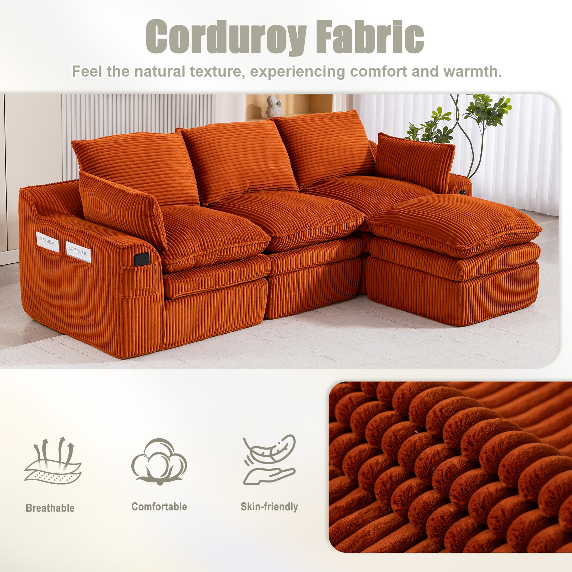 L Shaped Compressed Modular Sectional Sofa Modern Corduroy Upholstered Boneless Couches With Movable Footstool,With Three Pillows And Two Lumbar Pillows,Detachable Cloud Seat Cushions 4