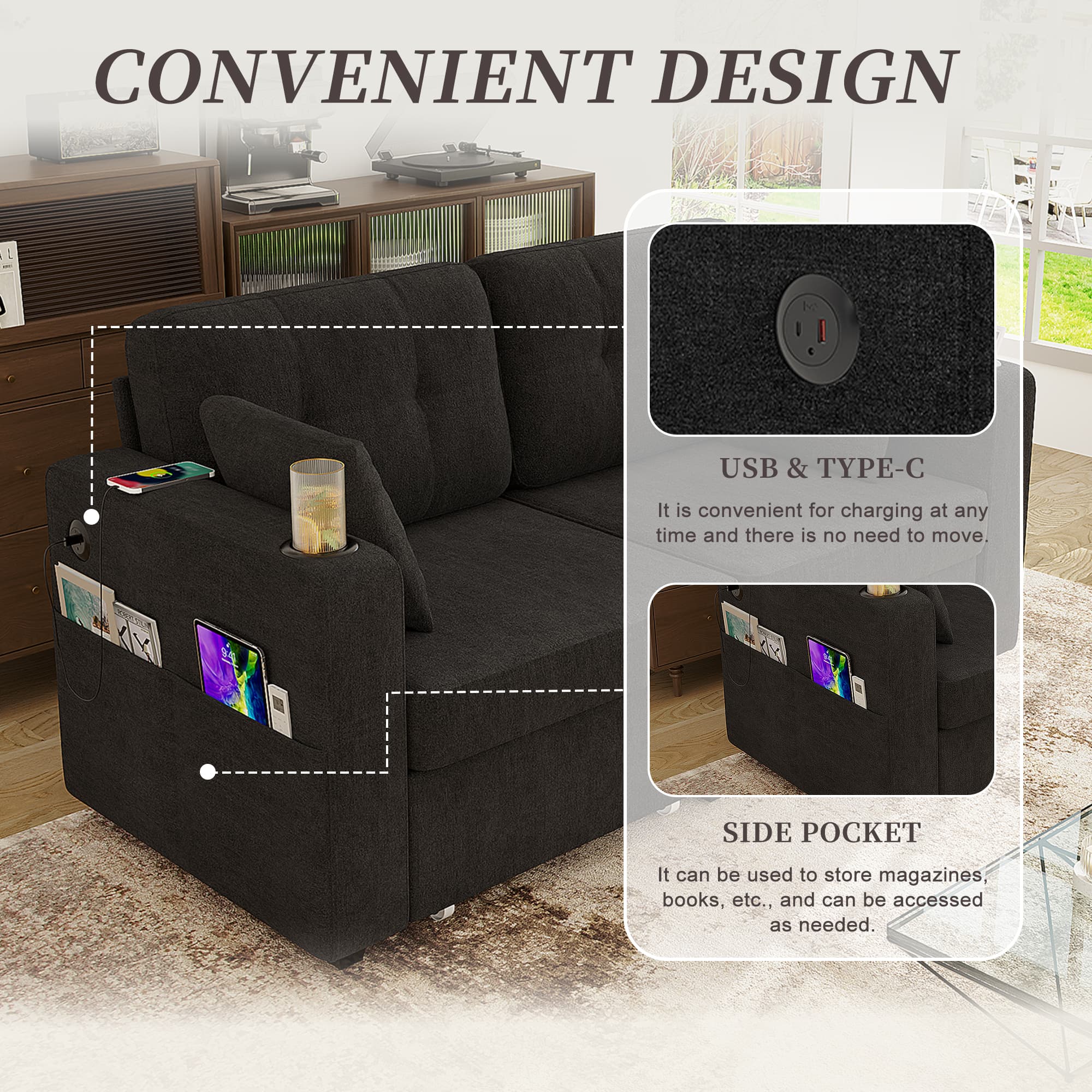 Sofas For Living Room, Couch Set,3 Seats Sofa, USB Charging,Wood Frame,Easy To Install,with Storage, Charging Station,Cup Holder,Modern Sectional Sofas For Living Room, Apartment,Chenille Fabric 5