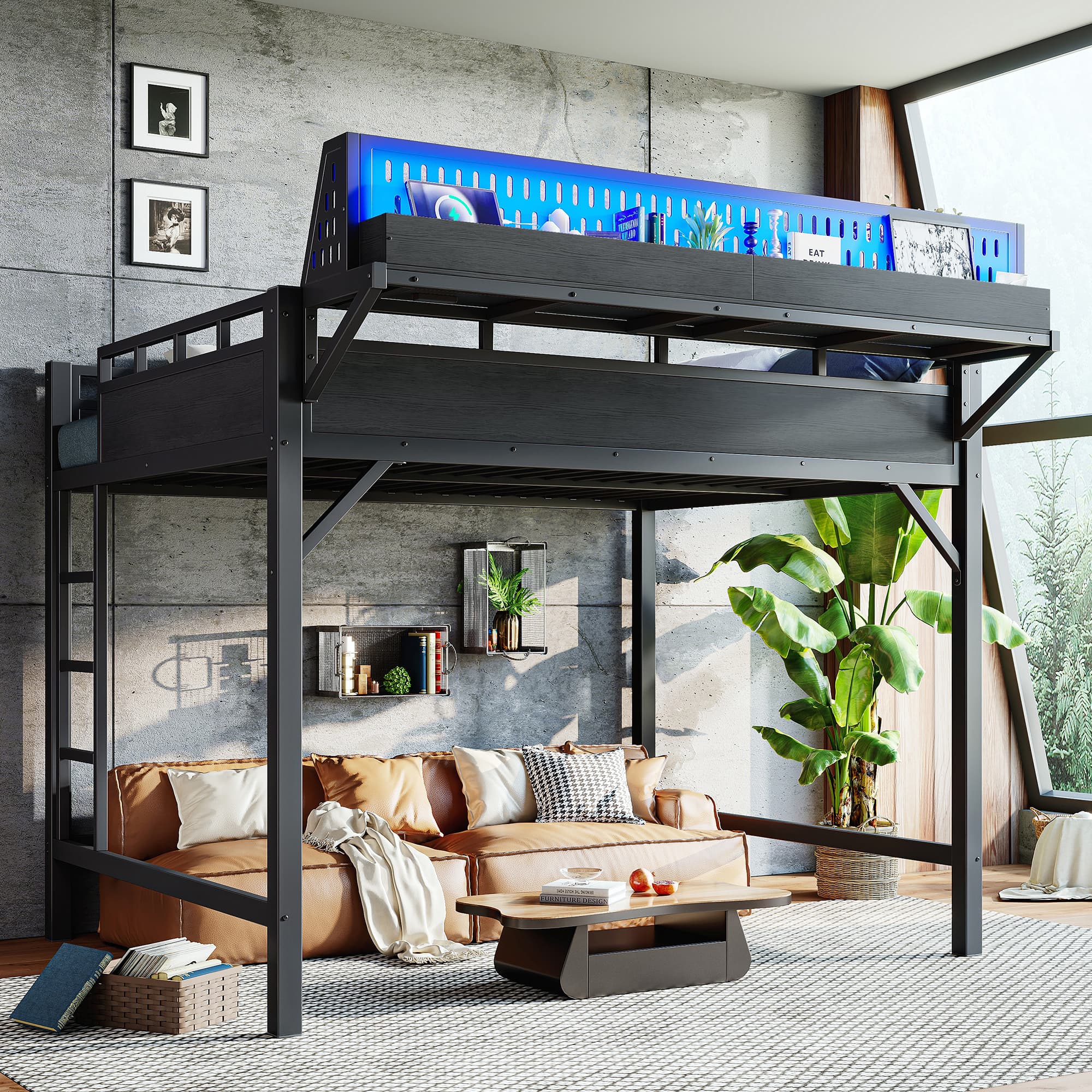Queen Size Loft Bed Frame With Storage Shelves And Pegboard, Metal Loft Bed With USB Ports And LED Lights, Safe And Sturdy, Black 3