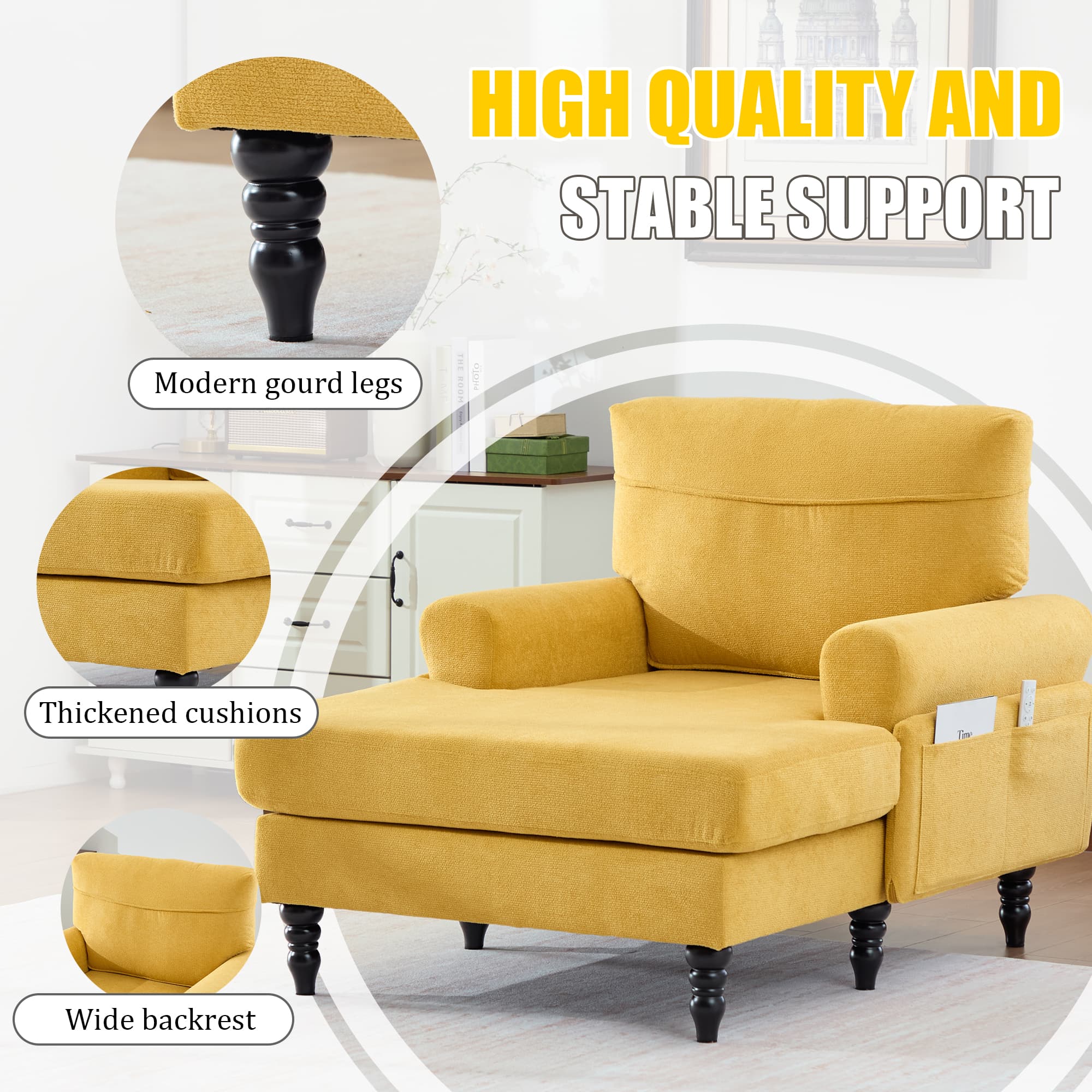 Modern Minimalist Chenille Fabric Chaise Lounge Recliner Single Sofa Living Room Bedroom Rest Chair Wooden Sofa Legs With Comfortable Backrest And Armrests Side Pockets For Storage Suitable For Office 4