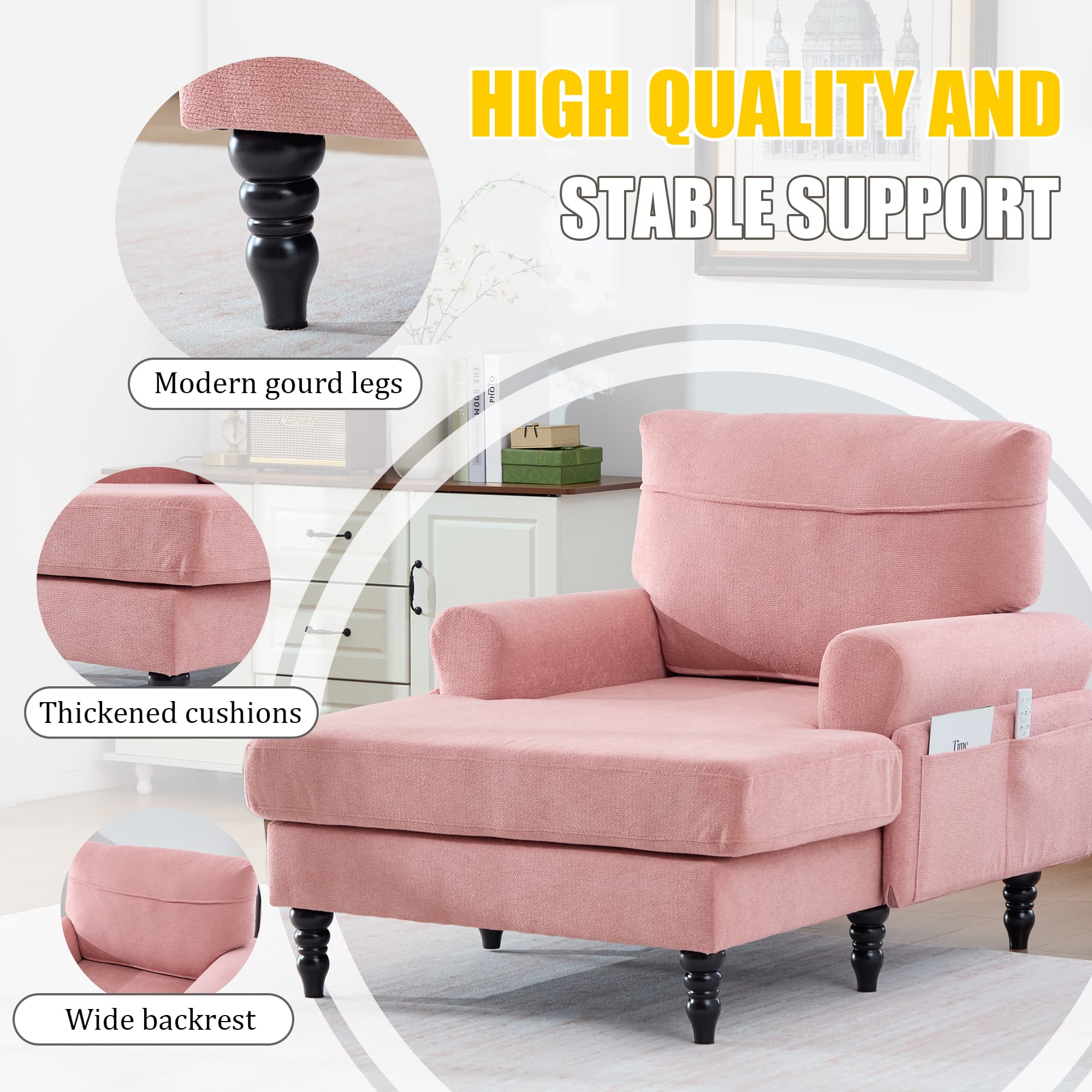 Modern Minimalist Chenille Fabric Chaise Lounge Recliner Single Sofa Living Room Bedroom Rest Chair Wooden Sofa Legs With Comfortable Backrest And Armrests Side Pockets For Storage Suitable For Office 2