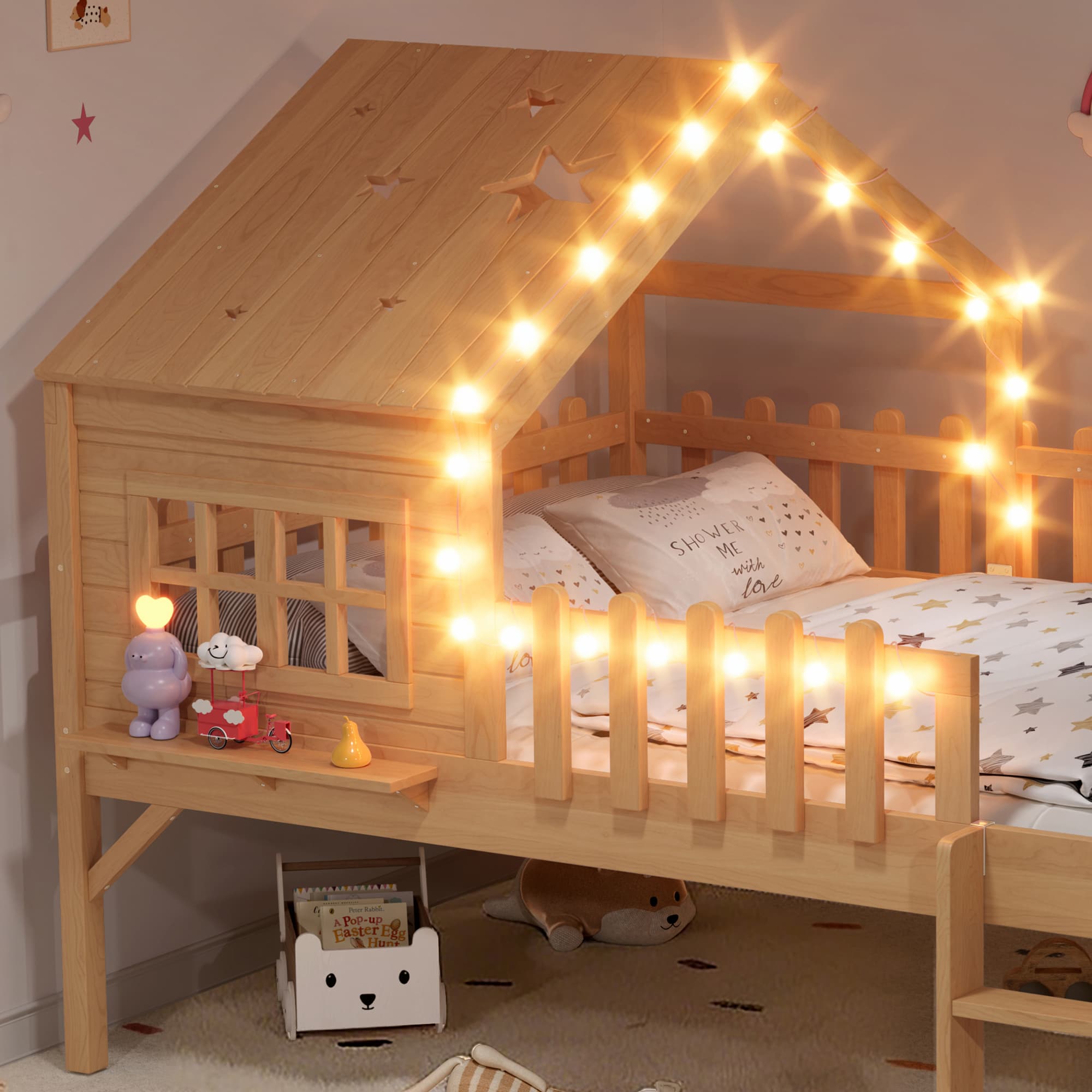 Full Size House Loft Bed With Slide,Playhouse Bed With Star-shaped Designs And Window, Chic Design With LED Lights,No Box Spring Needed,Natural 3