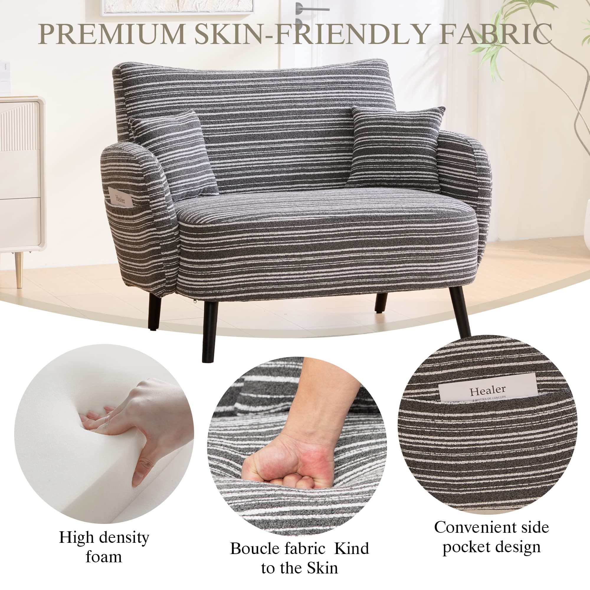 Modern Style Two-seater Sofa With Ultra-comfortable Armrests, Armrest Pillows, And Storage Pockets, Deep-seated Two-seater Sofa, Comfortable Modern Sofa For Bedroom, Small Spaces, Apartments, And Offi 5