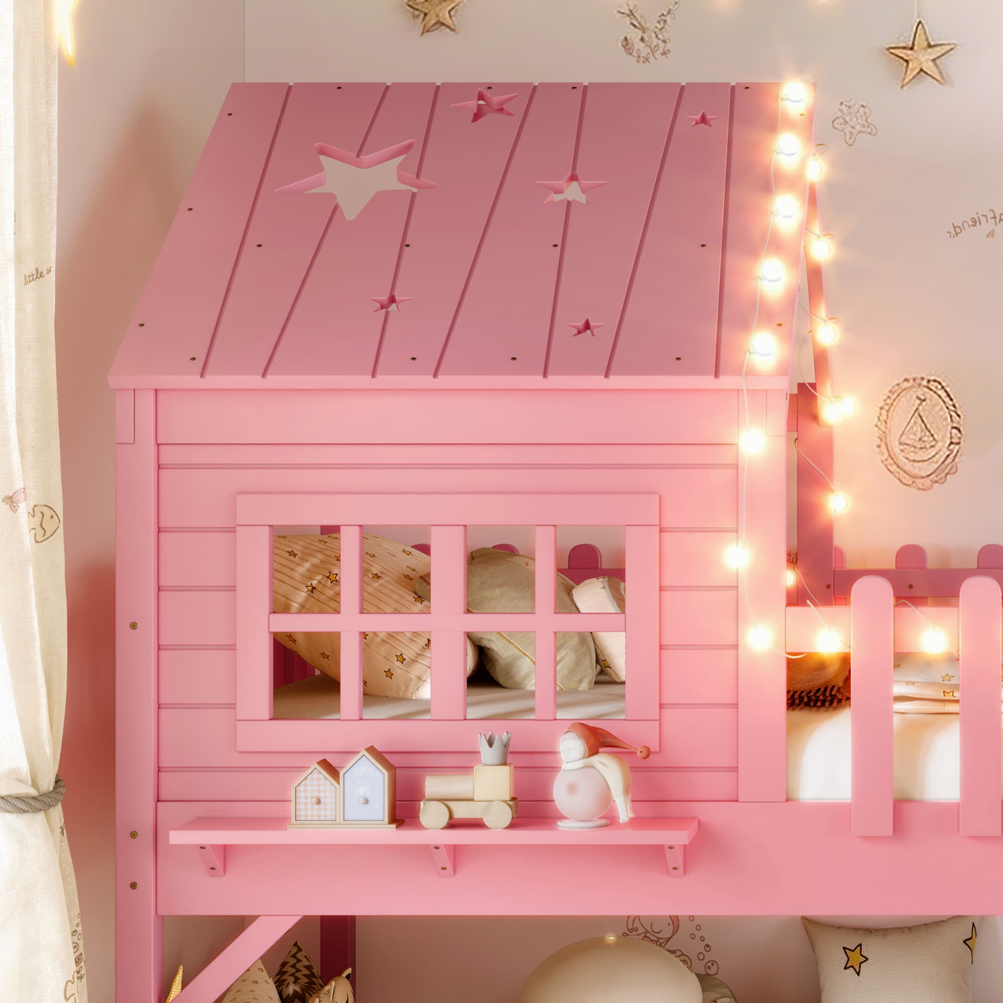 Twin Size House Loft Bed With Slide,Playhouse Bed With Star-shaped Designs And Window, Chic Design With LED Lights,No Box Spring Needed,Pink 5