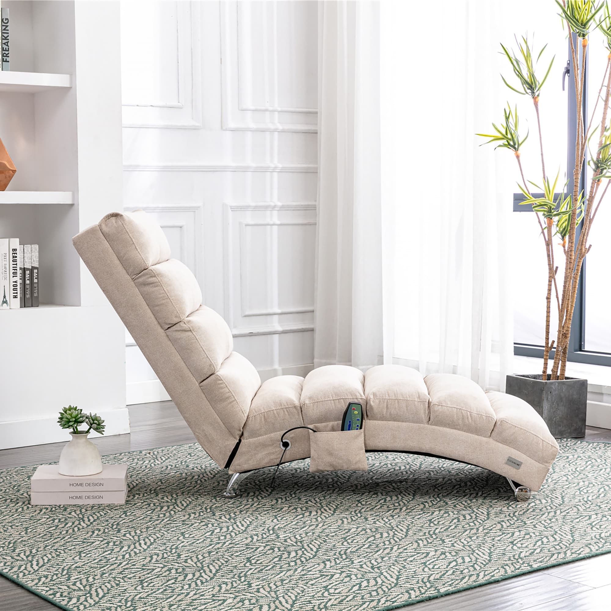 COOLMORE Luxury Upholstered Chaise Lounge Chair With Vibration For Relaxation, Modern Fixed Back Fabric Leisure Recliner Sofa For Living Room Bedroom 3